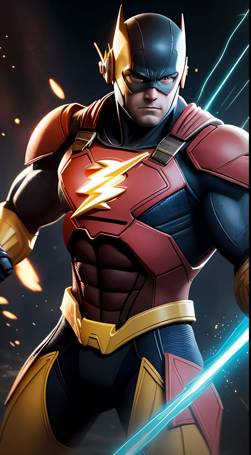 O Flash (Injustice 2), melhor qualidade, alta resolução, alto, musculoso, hunk, placas brancas e (terno neon vermelho escarlate), grandes olhos amarelos brilhantes, Standing powerfully pose, yellow lightning trail, rosto detalhado, terno detalhado, ultra detalhado, obra-prima, tunnle de luz no fundo, 8k, foto crua, volumeric lighting, low camera angle