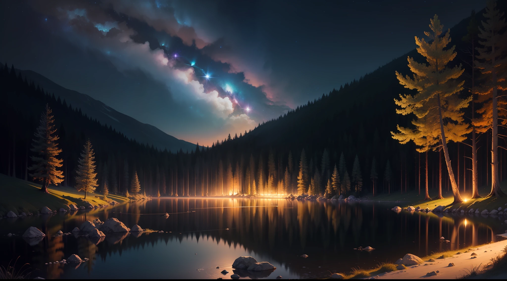galactic,starrysky,lakes,ln the forest,serenidade,Pure scenery,the night,Quiet,Wallpapers,k hd