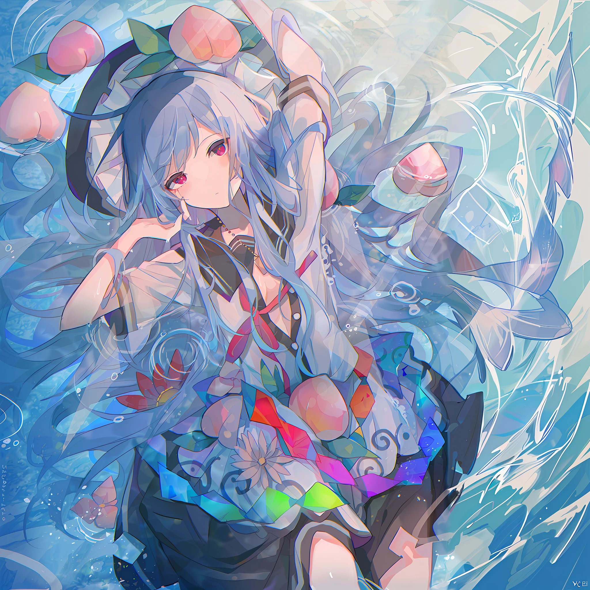Anime girl with long hair and hat sitting in water with flowers, wallpaper anime blue water, Digital art on Pisif , Beautiful anime artwork, anime abstract art, Pisif Contest Champion, Pisif, Beautiful anime art, Splash art anime Loli, zerochan art, Pisif style, By Yuumei, author:Shitao, high definition anime art