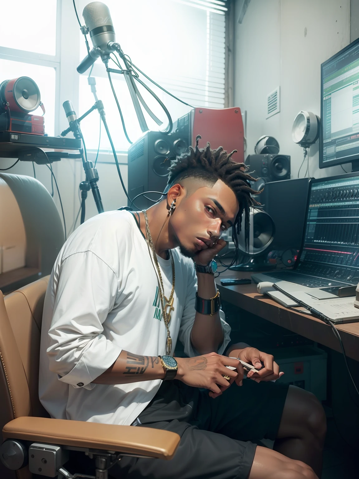 Jovem de pele branca produtor musical MC hip-hop em Studio trabalhando em novo som