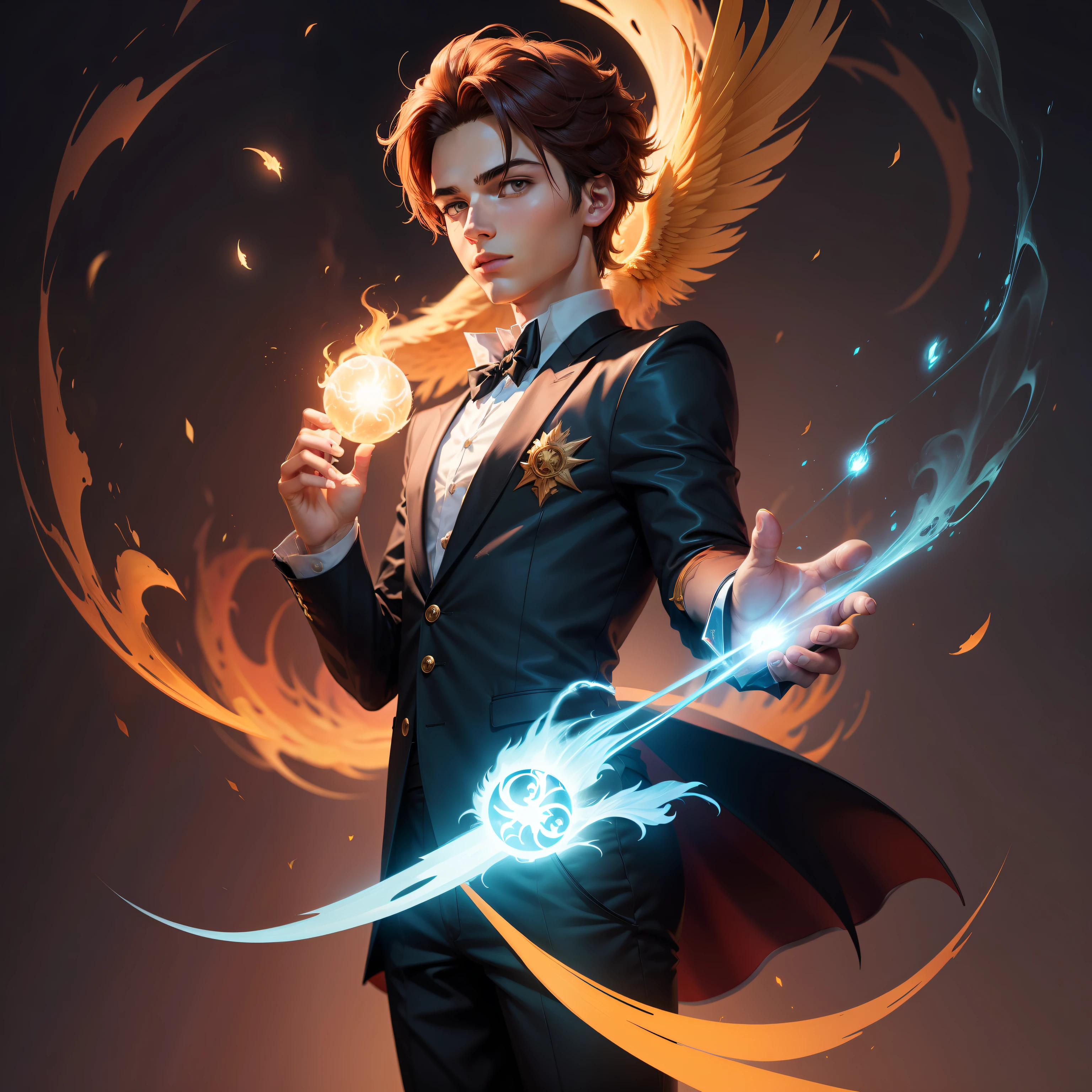 Cute young male magician，The Phoenix Element holds four balls in his hand，cartoonish style，cute character