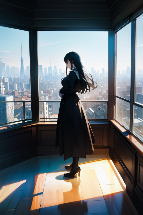 A slender woman overlooks the city through the window from a hundred-meter-tall building