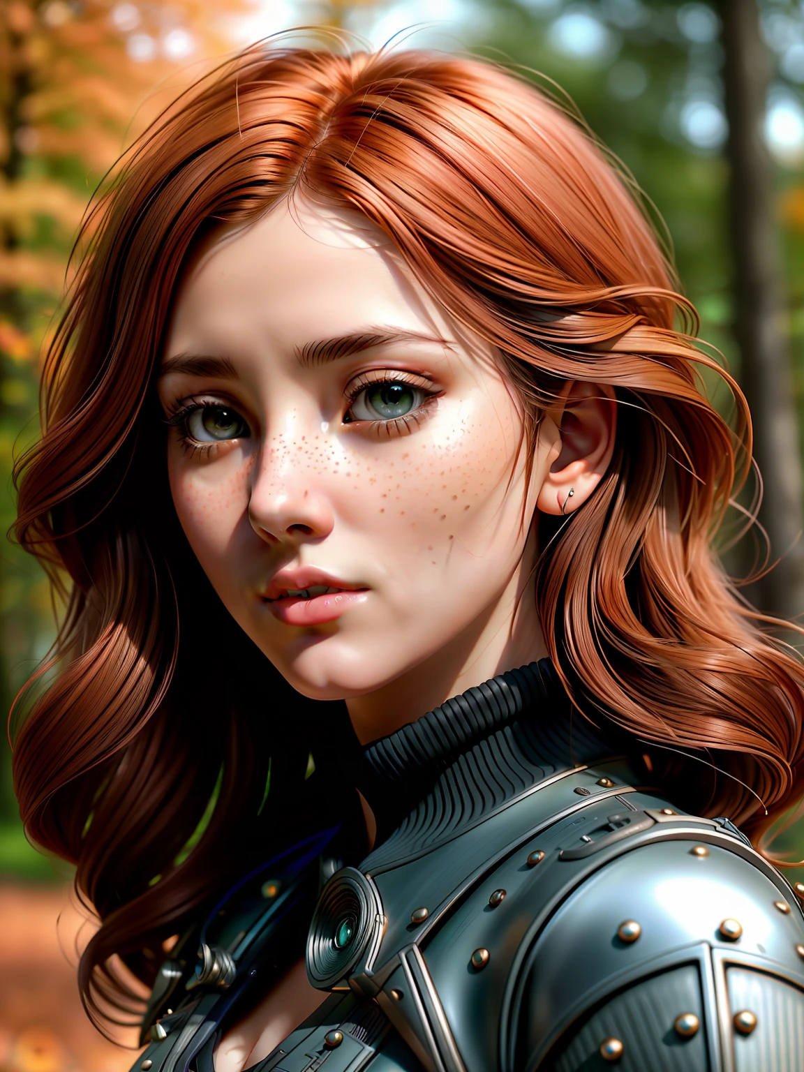 close up of a european woman, ginger hair, park in autumn, natural skin texture, 24mm, 4k textures, soft cinematic light, RAW photo, photorealism, photorealistic, intricate, elegant, highly detailed, sharp focus, ((((cinematic look)))), soothing tones, insane details, intricate details, hyperdetailed, low contrast, soft cinematic light, dim colors, exposure blend, hdr, faded