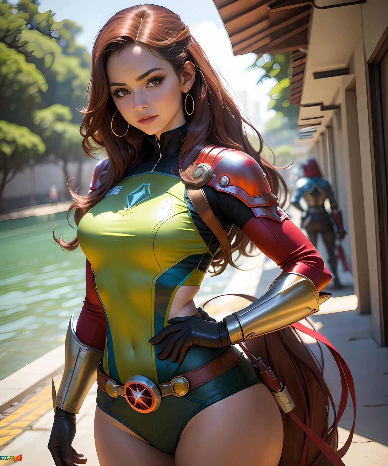 Foto crua, mulher bonita, detalhou o corpo delineado com cosplay do mais marvel, seios muito grandes, seios grandes