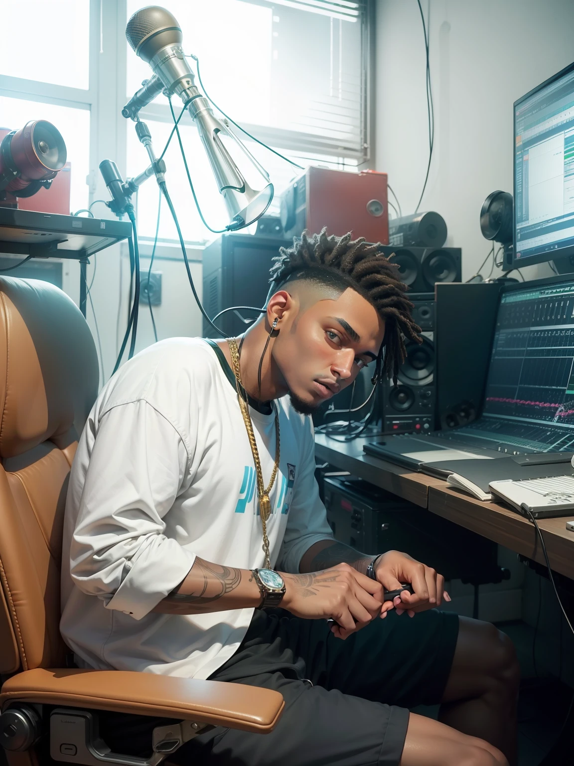 Jovem de pele branca produtor musical MC hip-hop em Studio trabalhando em novo som