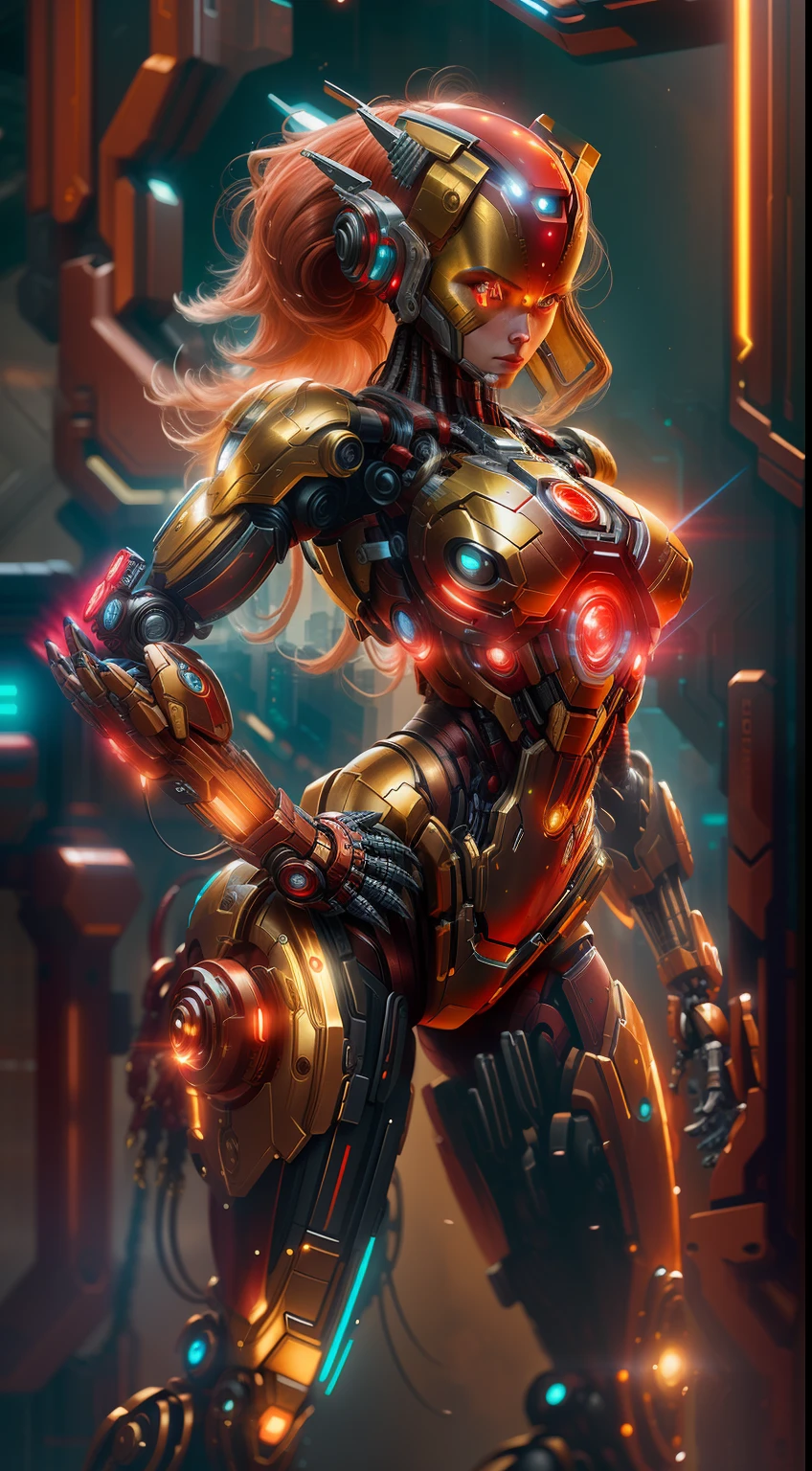 Irongirl from Marvel photography, biomechanics, complex robots, red gold, full growth, hyper-realistic, crazy little details, incredibly clean lines, cyberpunk aesthetic, masterpiece featured on Zbrush Central