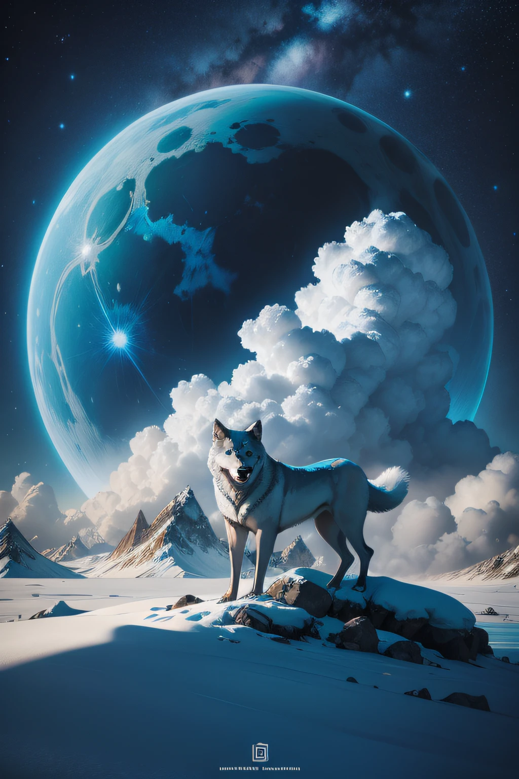 logotipo de lobo azul com lua cheia ao funco, na montanha, olhando para cima.