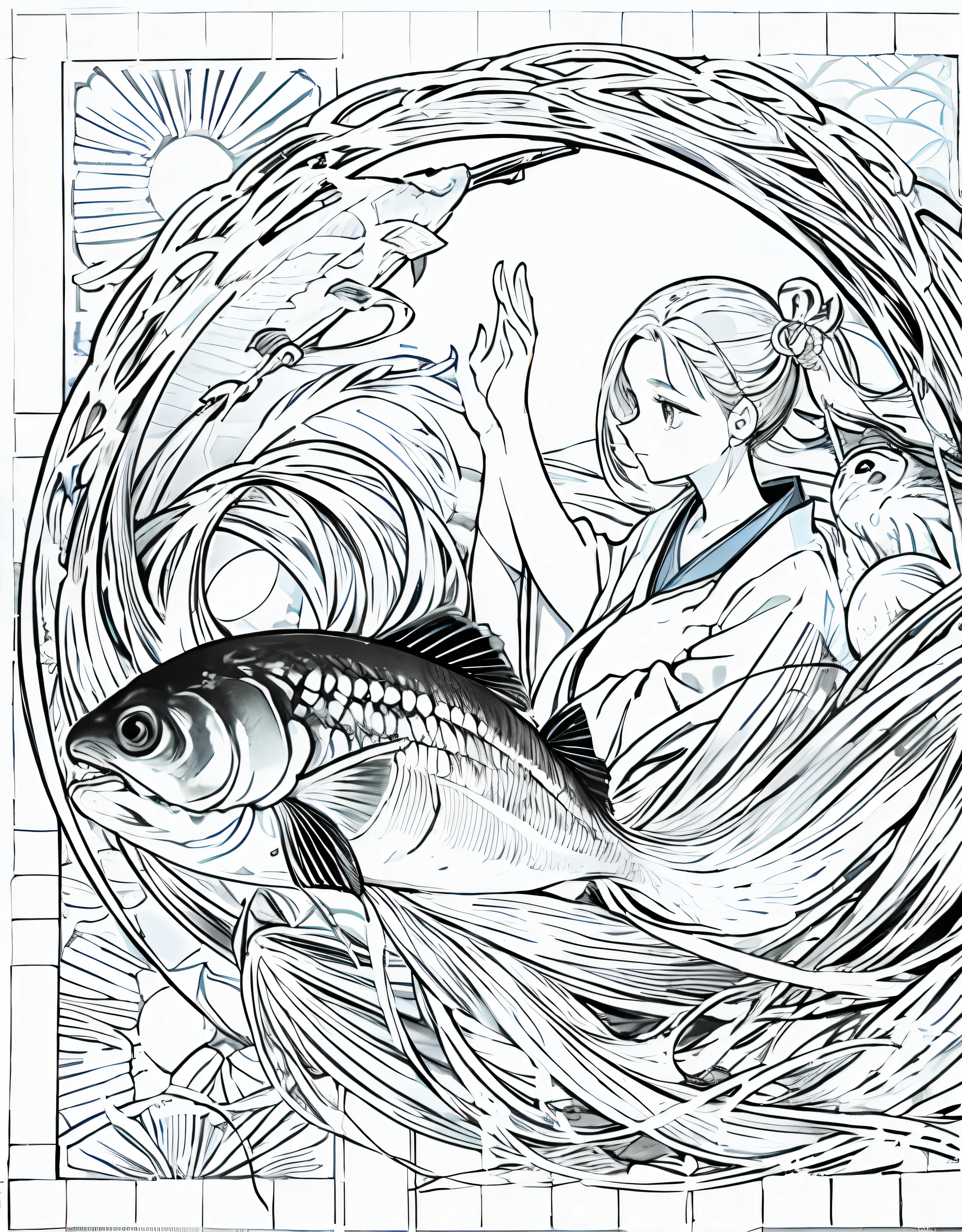 Makes a picture with fish and in Japan