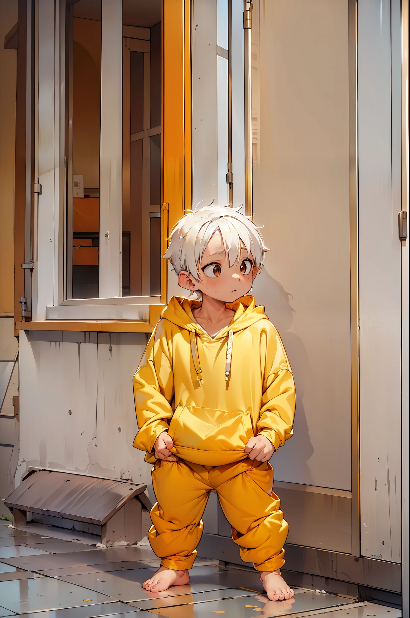 1  with white colored hair and shiny, glowing orange eyes and barefoot and small feet, who wear a yellow oversized hoodie and sweatpants, die auf einem Fenstersims sitzen, flush, Jung, Junge, Kind, klein, Kleinkind, tiny feet, (Jogginghose:1.4), (Jung:1.4), (Kind:1.4), (Shota:1.4), (Kapuzenpullover:1.4),