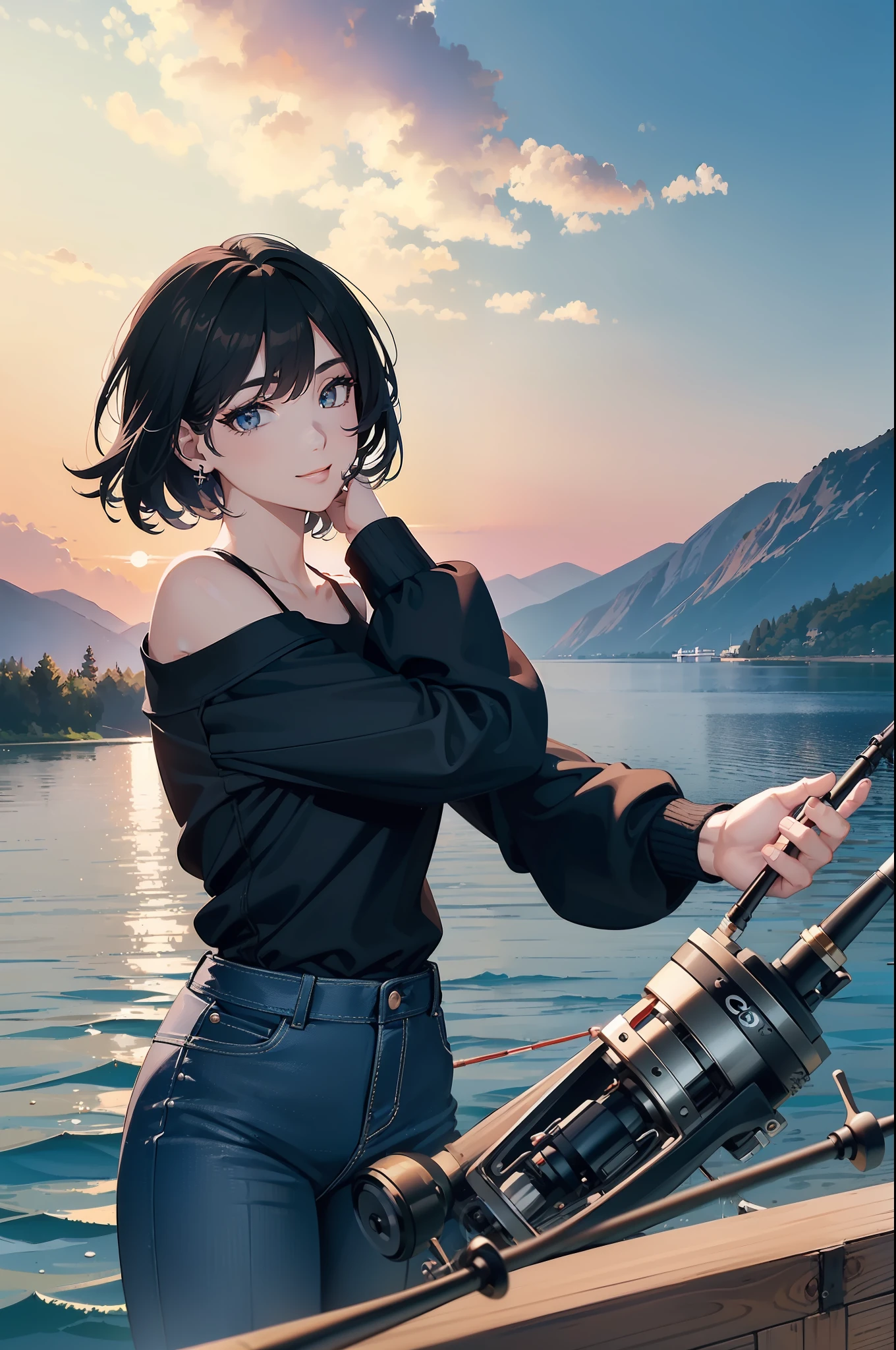 (((have a fishing rod and reel by the lakeside:1.1))),((Best quality, 8k, Masterpiece :1.3))black hair, longeyelashes, solid circle eyes, light smile, drop shadow, atmospheric perspective, 8k, super detail, ccurate, best quality, middle breasts,black jacket, Black Tank Top ,navy blue jeans,