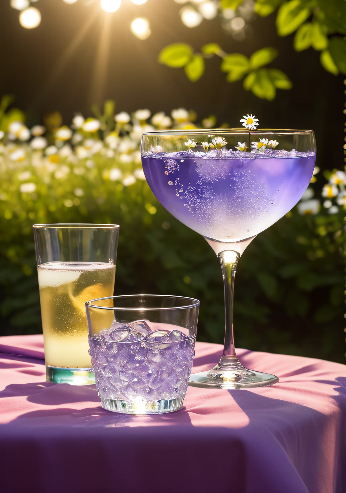 A glass with drops of water filled with carbonated drinks, translucent liquid, ice cubes, bubbles, a floral crown of daisies and lavender on picnic tablecloths, midday outdoor lighting, open air, natural background, summer day, hot weather, high detail, very humid humidity, high brightness, wet watermarks, excessive detail, surrealism, soft light, studio lighting, diffuse soft light, shallow depth of field, sharp focus, bokeke effect, light tracking, subsurface scattering, complex soft light, diffuse soft light, highly detailed glass reflection, ultra-thin (ultra-thin), ultra-thin) (thin, ultra-detailed), cinematic, surrealism, hardware, best quality, ultra-high resolution (photorealistic: 1.4), high resolution, detail, raw photography, clear reproduction, 4 kodak portra 400 stock camera, f1.6 lens, realistic texture, spectacular lighting, not a real engine, popular on artstation, cinemas up to 800,