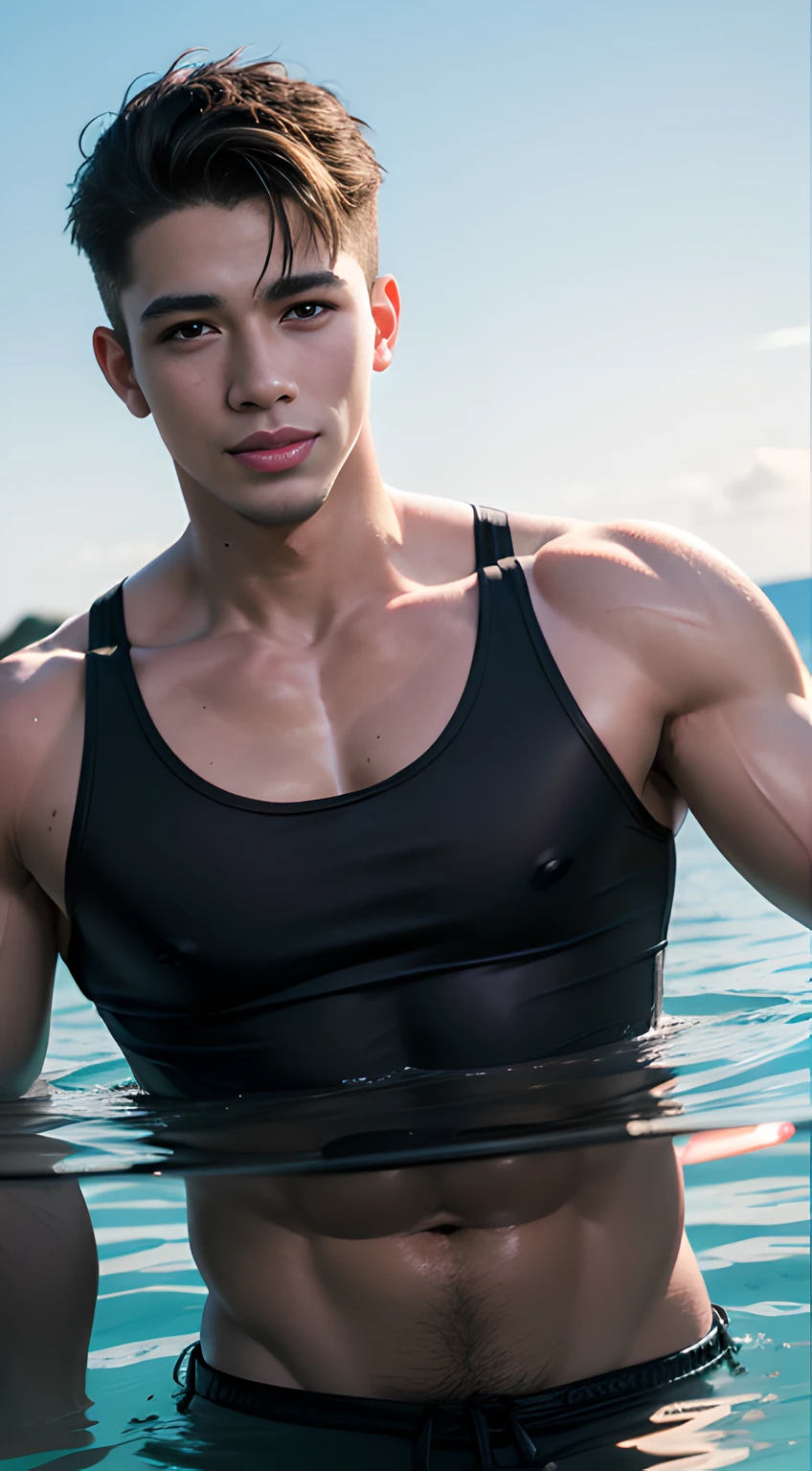 ((Men only)), (head shot), (frontal face), (handsome muscular male in his 20s wearing a white tank top floating in the water), (Brian White), Mischievous smile, (detaile: 1 in 1), Natural muscles, HIG quality, beautidful eyes, (Detailed face and eyes), (Face、: 1 / 2), Noise, Real Photographics、... ...............................................................................................................PSD, Sharp Focus, High resolution 8K, realisitic & Professional Photography, 8K UHD, Soft lighting, High quality, Film grain, FujifilmXT3