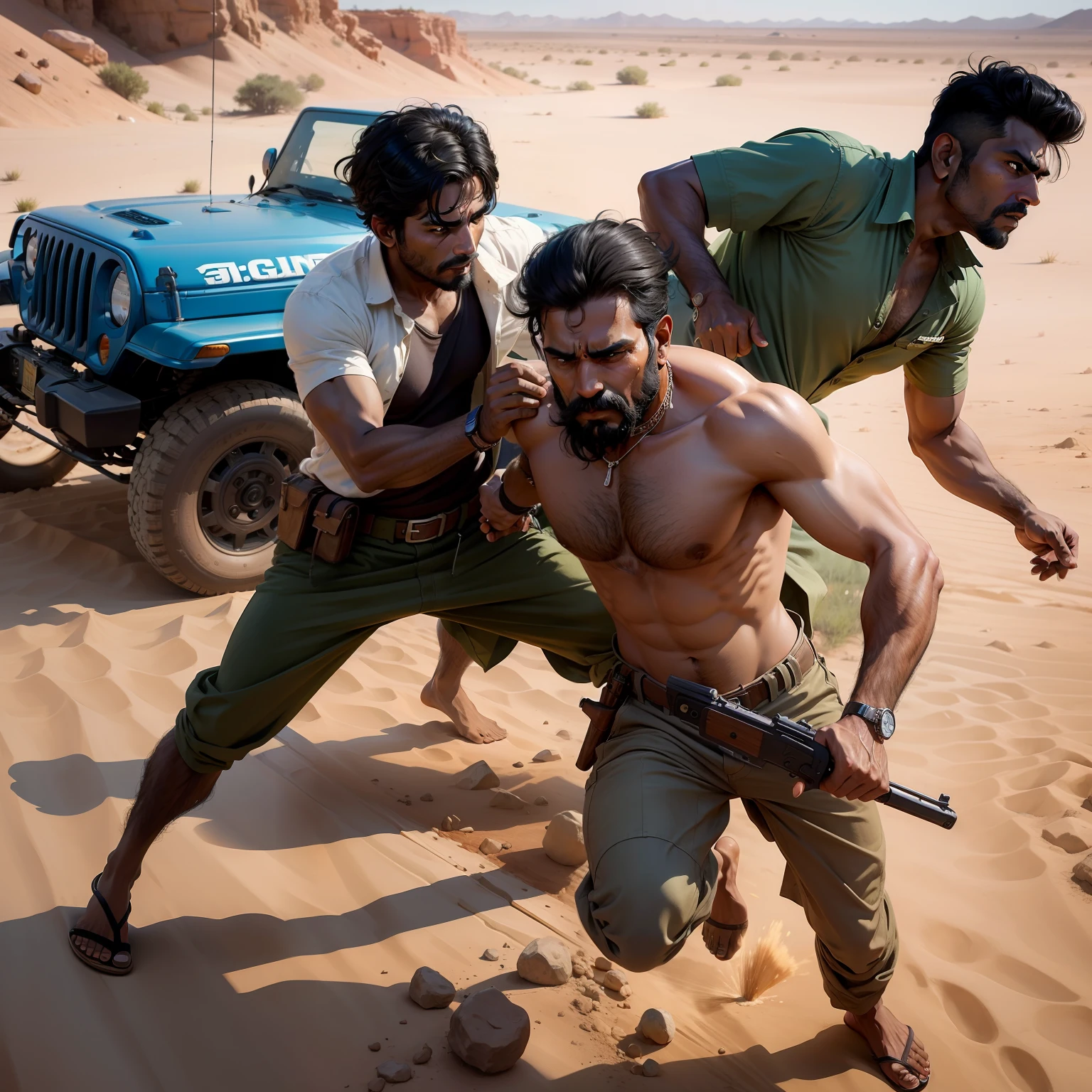 Indian man , Gun, beating another man, Jeep in bacground