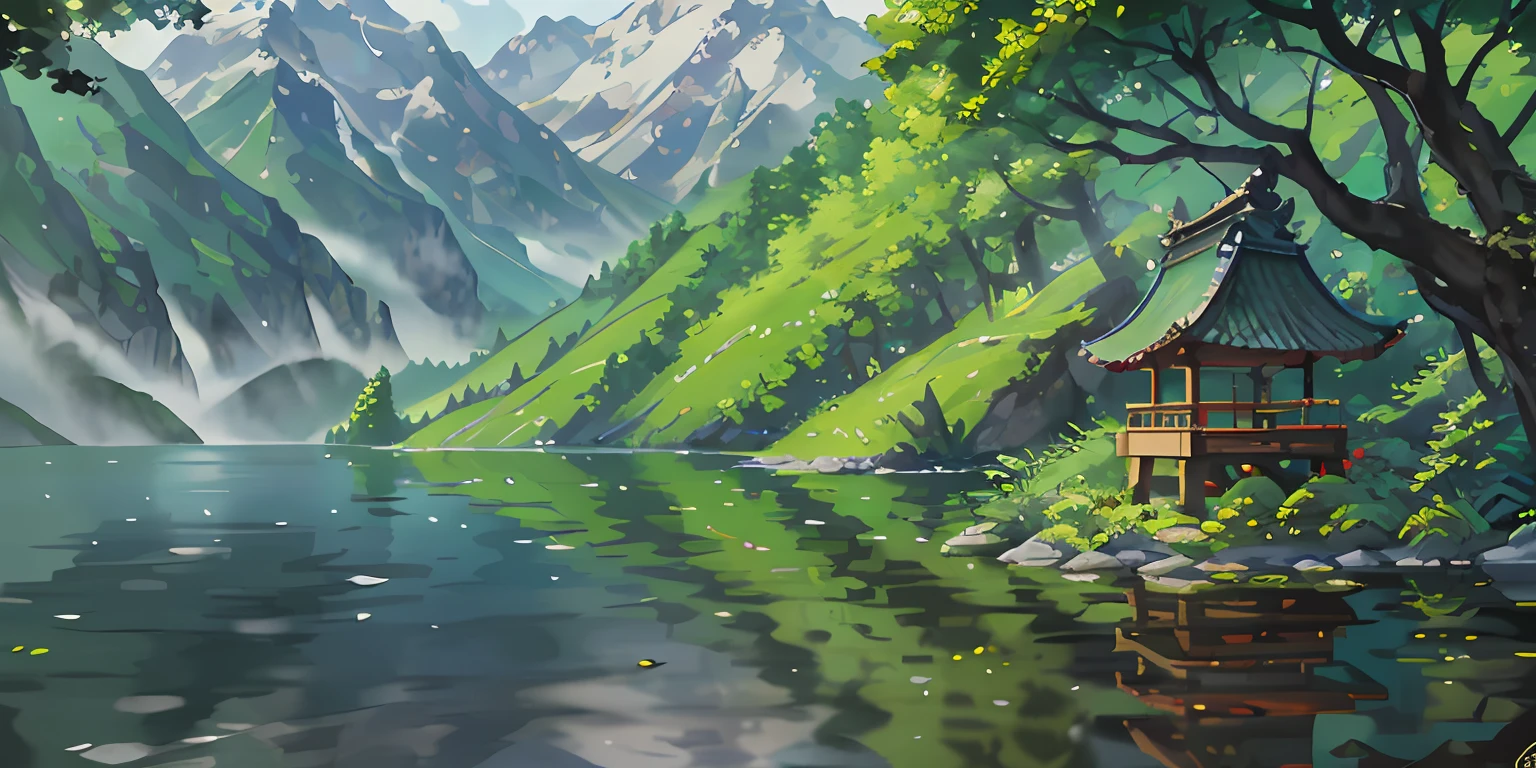 Chinese ancient times, spring, jungle, lake, cave, waterfall, tree, meadow, rock, deer, hot spring, water vapor, (illustration: 1.0), epic composition, realistic lighting, HD details, masterpiece, best quality, (very detailed CG unified 8k wallpaper)