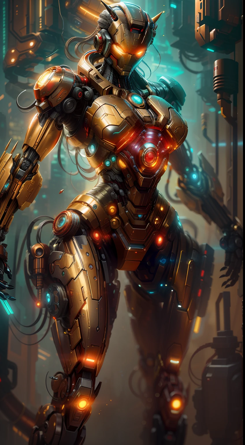 Irongirl from Marvel photography, biomechanics, complex robots, red gold, full growth, hyper-realistic, crazy little details, incredibly clean lines, cyberpunk aesthetic, masterpiece featured on Zbrush Central