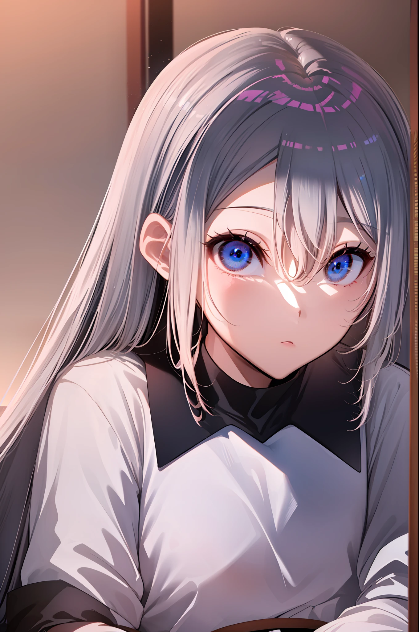 (((((obra-prima))))), (((((melhor qualidade))))), High, ((((1Kei)))), ((((((Ultra-detailed blue hands and eyes)))))), ((((1girl)))), ((Formoso)), ((((((((((meias femininas pretas longas)))))))))), ((((((((((She's sitting on a wooden chair inside a room.)))))))))), ((((((((((Sorriso feminino e cativante)))))))))), (((((Charismatic))))), (((cabelo longo))), ((((sozinha)))), ((((((Uma garota com cabelo grisalho longo e olhos azuis)))))), (((fita))), (((franja))), (((鎖骨))), ((((cabelo grisalho)))), (((faixa de cabelo preta))), (((neck ribbon))), (((cabelo entre os olhos))), ((((middlebreasts)))),((((There is only one person)))), ((((adolescent de 1anos)))), ((((((uniforme escolar feminino camisa branca jaqueta preta jaqueta aberta saia preta longa e meias pretas longas)))))), ((((((corpo completo anatomicamente correto)))))), ((((((((((pernas femininas normais cruzadas com meias femininas pretas longas)))))))))), ((usa sapatos pretos)), ((Detailed full scenario)), ((mystery)), ((Tempo tenso)), Postura equilibrada, blush sutil | | | | | | |, Pingente de cristal BREAK golden hour, (Rim lighting): 1.2, tons quentes, Brilho solar, sombras suaves, cores vibrantes, painterly effect, dreamy atmosphere BREAK scenic lake, salgueiro, reflection, nuvens iluminadas pelo sol, Tranquil setting, idyllic sunset, Ultra Detalhado, Arte Oficial, Unity 8k papel de parede, Zentangle, mandala
