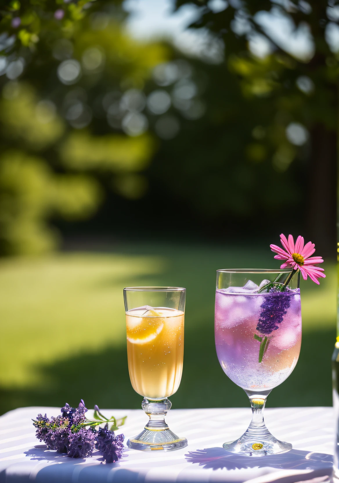 A glass with drops of water filled with carbonated drinks, translucent liquid, ice cubes, bubbles, a floral crown of daisies and lavender on picnic tablecloths, midday outdoor lighting, open air, natural background, summer day, hot weather, high detail, very humid humidity, high brightness, wet watermarks, excessive detail, surrealism, soft light, studio lighting, diffuse soft light, shallow depth of field, sharp focus, bokeke effect, light tracking, subsurface scattering, complex soft light, diffuse soft light, highly detailed glass reflection, ultra-thin (ultra-thin), ultra-thin) (thin, ultra-detailed), cinematic, surrealism, hardware, best quality, ultra-high resolution (photorealistic: 1.4), high resolution, detail, raw photography, clear reproduction, 4 kodak portra 400 stock camera, f1.6 lens, realistic texture, spectacular lighting, not a real engine, popular on artstation, cinemas up to 800,