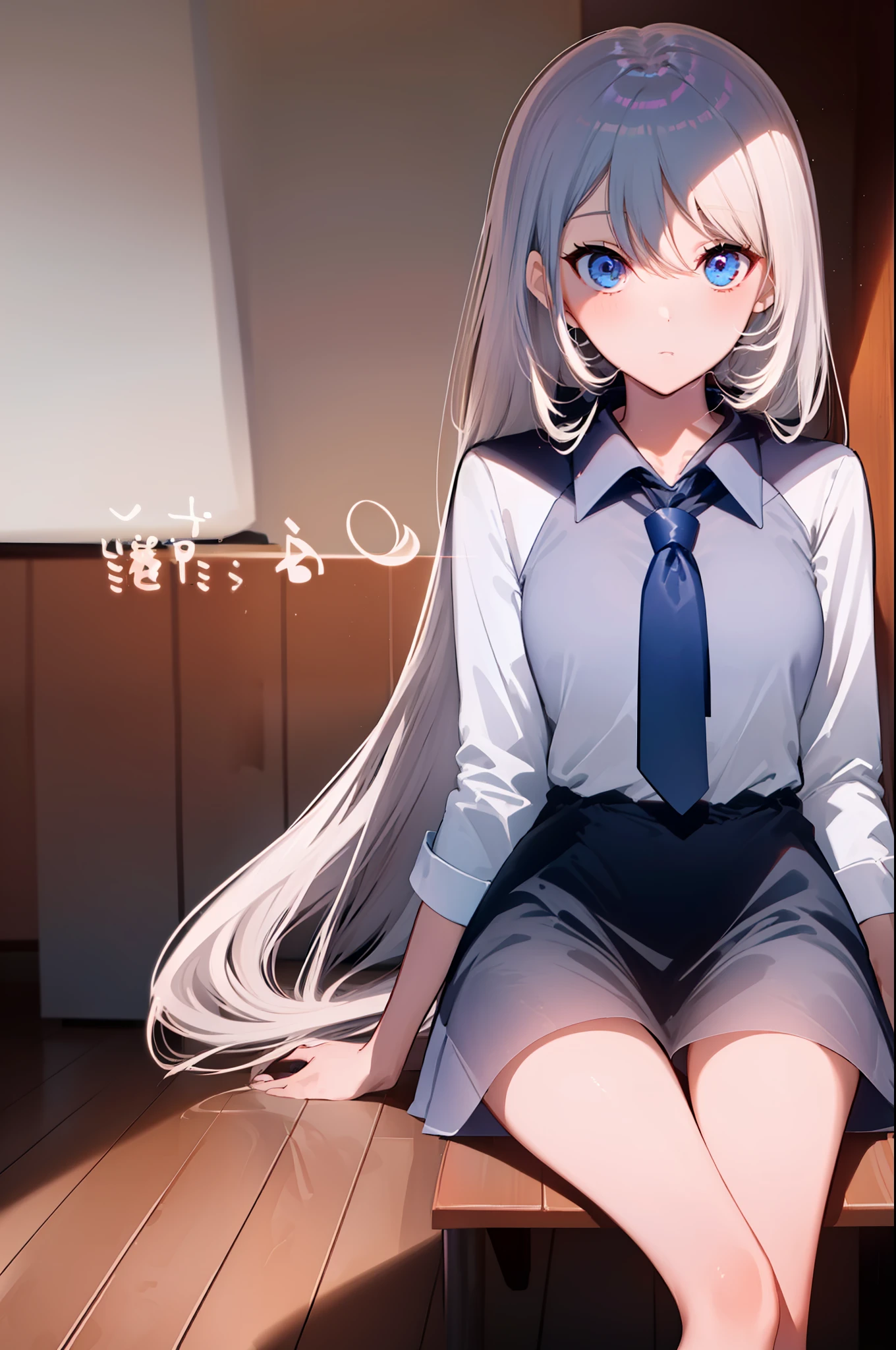 (((((obra-prima))))), (((((melhor qualidade))))), High, ((((1Kei)))), ((((((Ultra-detailed blue hands and eyes)))))), ((((1girl)))), ((Formoso)), ((((((((((meias femininas pretas longas)))))))))), ((((((((((She's sitting on a wooden chair inside a room.)))))))))), ((((((((((Sorriso feminino e cativante)))))))))), (((((Charismatic))))), (((cabelo longo))), ((((sozinha)))), ((((((Uma garota com cabelo grisalho longo e olhos azuis)))))), (((fita))), (((franja))), (((鎖骨))), ((((cabelo grisalho)))), (((faixa de cabelo preta))), (((neck ribbon))), (((cabelo entre os olhos))), ((((middlebreasts)))),((((There is only one person)))), ((((adolescente de 15 anos)))), ((((((uniforme escolar feminino camisa branca jaqueta preta jaqueta aberta saia preta longa e meias pretas longas)))))), ((((((corpo completo anatomicamente correto)))))), ((((((((((pernas femininas normais cruzadas com meias femininas pretas longas)))))))))), ((usa sapatos pretos)), ((Detailed full scenario)), ((mystery)), ((Tempo tenso)), Postura equilibrada, blush sutil | | | | | | |, Pingente de cristal BREAK golden hour, (Rim lighting): 1.2, tons quentes, Brilho solar, sombras suaves, cores vibrantes, painterly effect, dreamy atmosphere BREAK scenic lake, salgueiro, reflection, nuvens iluminadas pelo sol, Tranquil setting, idyllic sunset, Ultra Detalhado, Arte Oficial, Unity 8k papel de parede, Zentangle, mandala