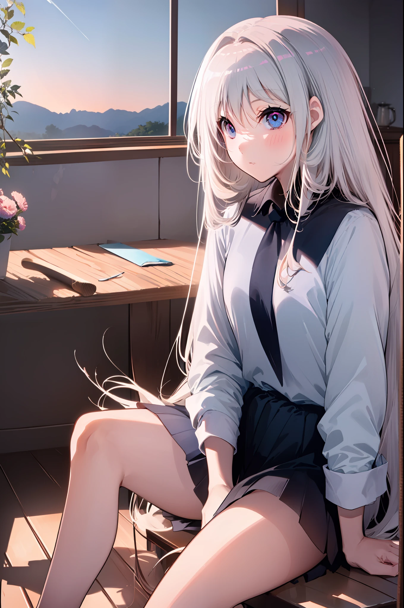 (((((obra-prima))))), (((((melhor qualidade))))), High, ((((1Kei)))), ((((((Ultra-detailed blue hands and eyes)))))), ((((1girl)))), ((Formoso)), ((((((((((meias femininas pretas longas)))))))))), ((((((((((She's sitting on a wooden chair inside a room.)))))))))), ((((((((((Sorriso feminino e cativante)))))))))), (((((Charismatic))))), (((cabelo longo))), ((((sozinha)))), ((((((Uma garota com cabelo grisalho longo e olhos azuis)))))), (((fita))), (((franja))), (((鎖骨))), ((((cabelo grisalho)))), (((faixa de cabelo preta))), (((neck ribbon))), (((cabelo entre os olhos))), ((((middlebreasts)))),((((There is only one person)))), ((((adolescente de 15 anos)))), ((((((uniforme escolar feminino camisa branca jaqueta preta jaqueta aberta saia preta longa e meias pretas longas)))))), ((((((corpo completo anatomicamente correto)))))), ((((((((((pernas femininas normais cruzadas com meias femininas pretas longas)))))))))), ((usa sapatos pretos)), ((Detailed full scenario)), ((mystery)), ((Tempo tenso)), Postura equilibrada, blush sutil | | | | | | |, Pingente de cristal BREAK golden hour, (Rim lighting): 1.2, tons quentes, Brilho solar, sombras suaves, cores vibrantes, painterly effect, dreamy atmosphere BREAK scenic lake, salgueiro, reflection, nuvens iluminadas pelo sol, Tranquil setting, idyllic sunset, Ultra Detalhado, Arte Oficial, Unity 8k papel de parede, Zentangle, mandala
