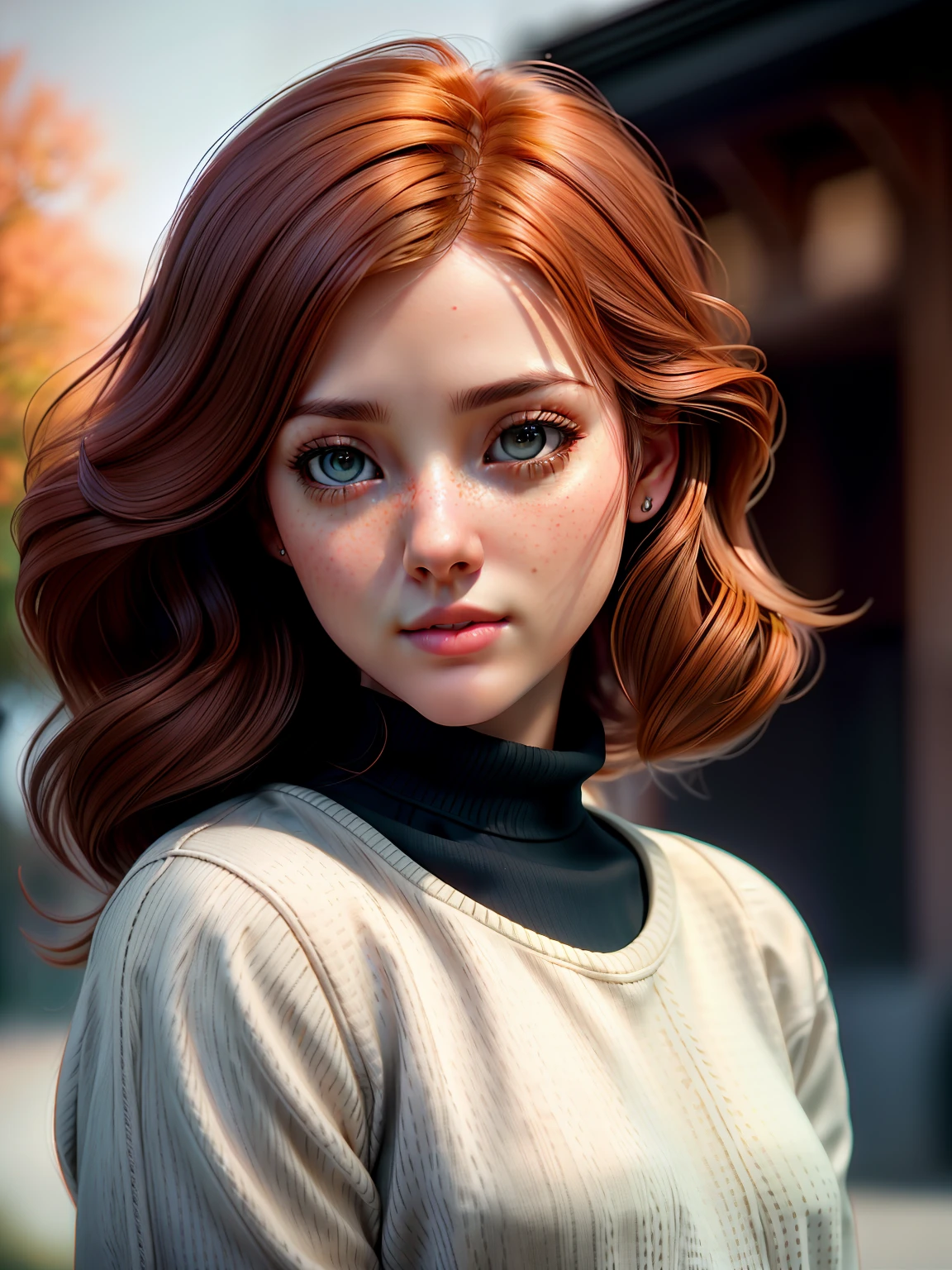 close up of a gorgeous young woman, ginger hair, park in autumn, black turtleneck sweater, natural skin texture, 24mm, 4k textures, soft cinematic light, RAW photo, photorealism, photorealistic, intricate, elegant, highly detailed, sharp focus, ((((cinematic look)))), soothing tones, insane details, intricate details, hyperdetailed, low contrast, soft cinematic light, dim colors, exposure blend, hdr, faded