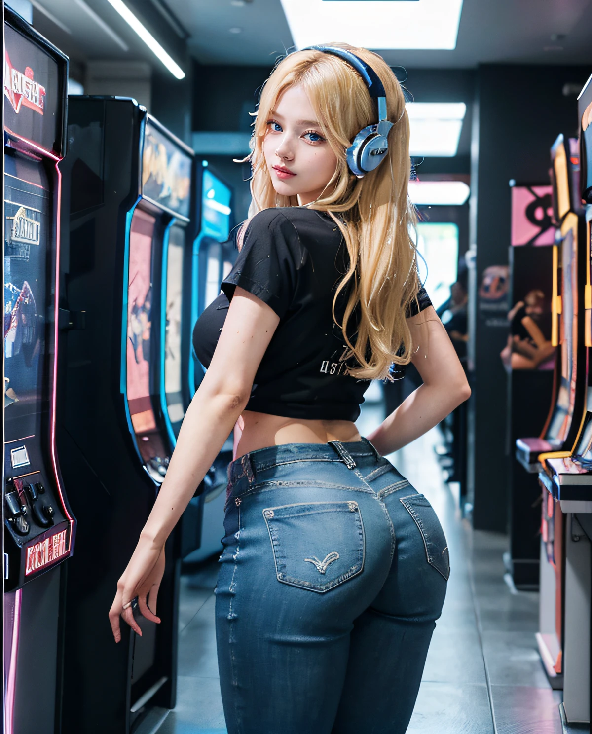 1girl, (Blue Eyes), cute smile, (Sana Minatozaki), wide hips, Big Boobs, big ass, (Best Quality, 8k, Masterpiece: 1.3)) ), Clear Focus: 1.2, Perfect Body Beauty: 1.4 , Slender Abs: 1.2, Wet Body: 1.5 , Highly detailed face and skin texture, detailed eyes, double eyelids, (long blonde hair), (gamer girl), (gamer headphones), black t-shirt, (jean pants), (high heels), playroom, look back, arcade machines