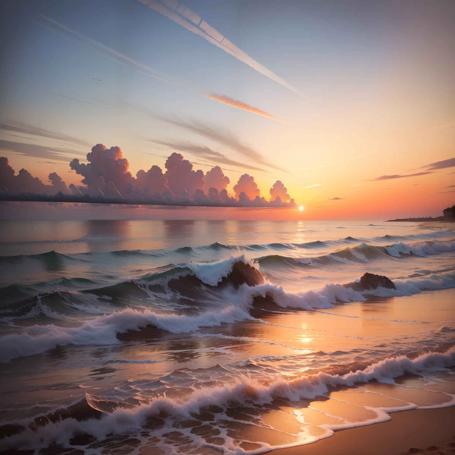 An absolutely mesmerizing sunset on the beach, with a mix of orange, pink, and yellow in the sky. The water is crystal clear, gently kisses the coast, and the white sand is endless. The scene is dynamic and breathtaking, with seagulls soaring high in the sky and palm trees swaying softly. Immerse yourself in the calm atmosphere and let the serenity surround you.