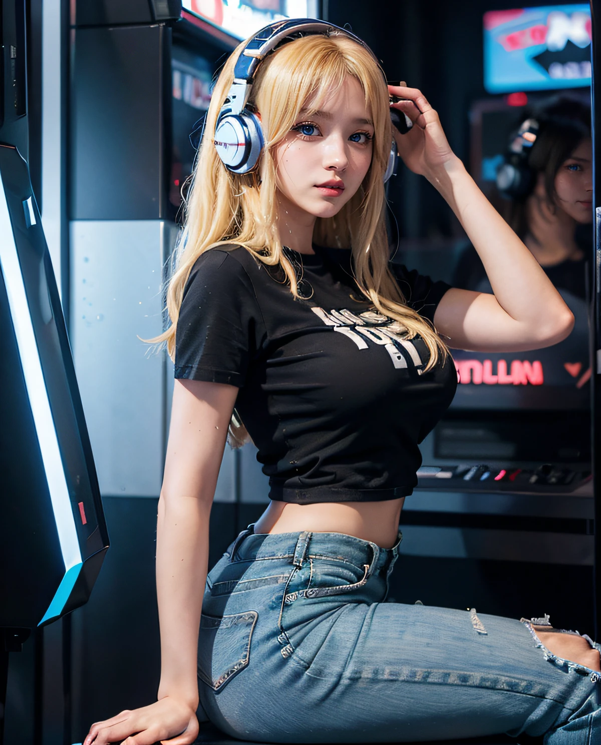 1girl, (Blue Eyes), cute smile, (Sana Minatozaki), wide hips, Big Boobs, big ass, (Best Quality, 8k, Masterpiece: 1.3)) ), Clear Focus: 1.2, Perfect Body Beauty: 1.4 , Slender Abs: 1.2, Wet Body: 1.5 , Highly detailed face and skin texture, detailed eyes, double eyelids, (long blonde hair), (gamer girl), (gamer headphones), black t-shirt, (jean pants), (high heels), playroom, look back, arcade machines