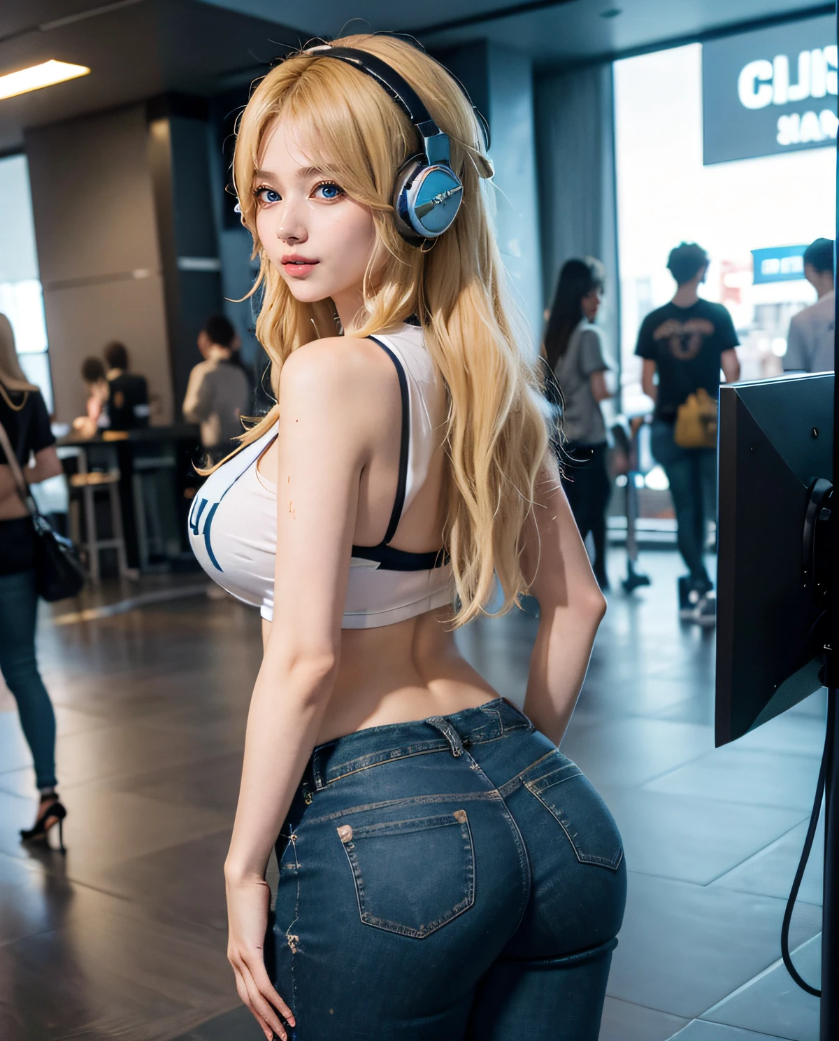 1girl, (Blue Eyes), cute smile, (Sana Minatozaki), wide hips, Big Boobs, big ass, (Best Quality, 8k, Masterpiece: 1.3)) ), Clear Focus: 1.2, Perfect Body Beauty: 1.4 , Slender Abs: 1.2, Wet Body: 1.5 , Highly detailed face and skin texture, detailed eyes, double eyelids, (long blonde hair), (gamer girl), (gamer headphones), black t-shirt, (jean pants), (high heels), akihabara neighborhood, look back, gashapons