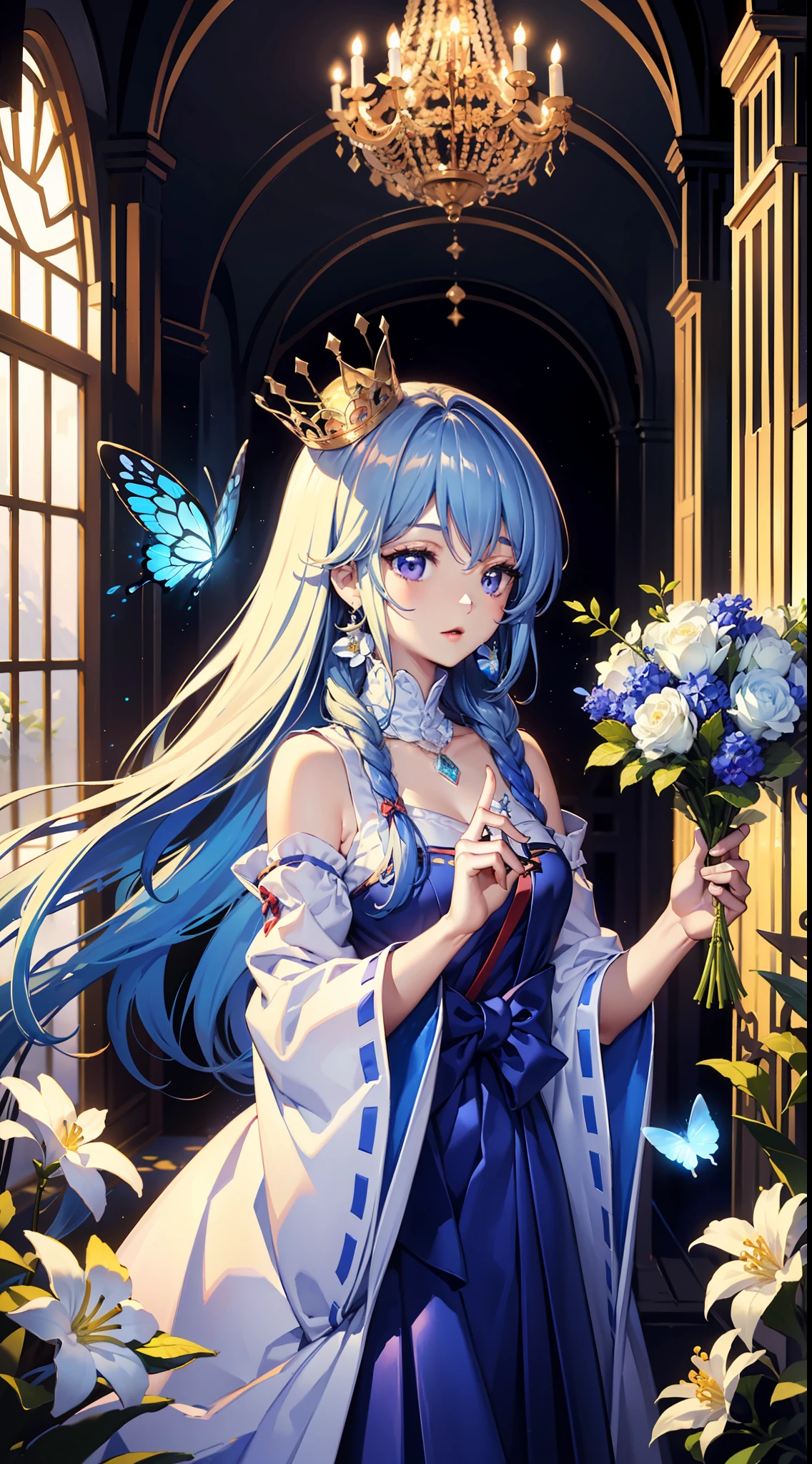 (Masterpiece, Best Quality: 1.4), Detailed Background, White Crystal, Crystal Cluster, Long Hair, Jewelry, Earrings, Necklace, Crown, Bride, White Hair, Halo, (Overlook), Dynamic Angle, Ultra Detailed, Illustration, Close Up, Direct Look, 1girl, (Fantasy: 1.4), (Purple Eyes: 1.233), Her Eyes Shine Like Dreamy Stars, (Glow Eyes: 1.233), (Beautiful and Delicate Eyes: 1.1), (Silver Hair: 1.14), (Messy Hair, Very Long Hair, French braids, hair between the eyes, side hair), (+(blue hair flower: 1.14)), (chiffon dress, uniform blue flower pattern)/= (military uniform: 1.24), (split sleeves, wide sleeves), (fingerless gloves), choker, (miko thighhighs), high heeled boots, (expressionless, shut up), (standing), (classical princess boudoir with dresser floor-to-ceiling windows white ancient palace), (white flowers, blooming), (deep sea), (flowing water), (dark blue world tree:1.14),(Ruins),(Night:1.2),dreamy,Soul,(fluorescent),(Flying Translucent Blue Butterfly:1.15),[Delicate Fingers and Hands:0.55]::0.85], (Finger Detail), (Yubao:0.5)