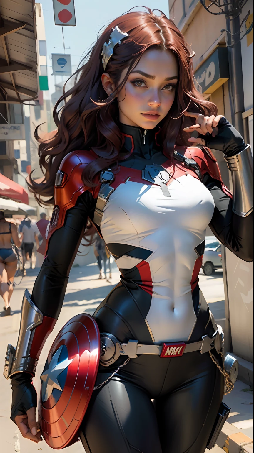 Linda mulher corpo definido detalhado usando cosplay mis marvel, seios pequenos
