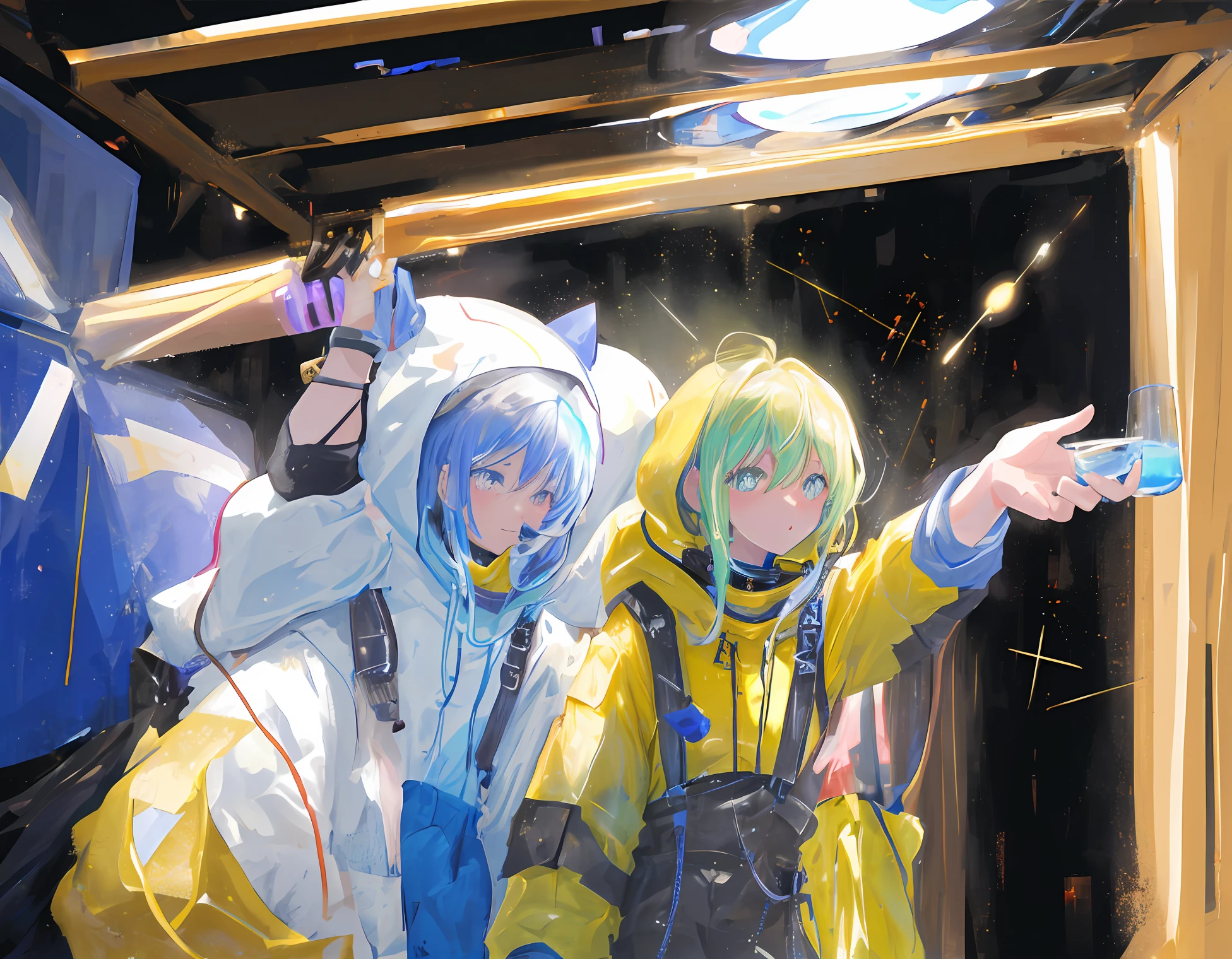 Two friends living in outer space having a space drink at a galactic bar on a space station
