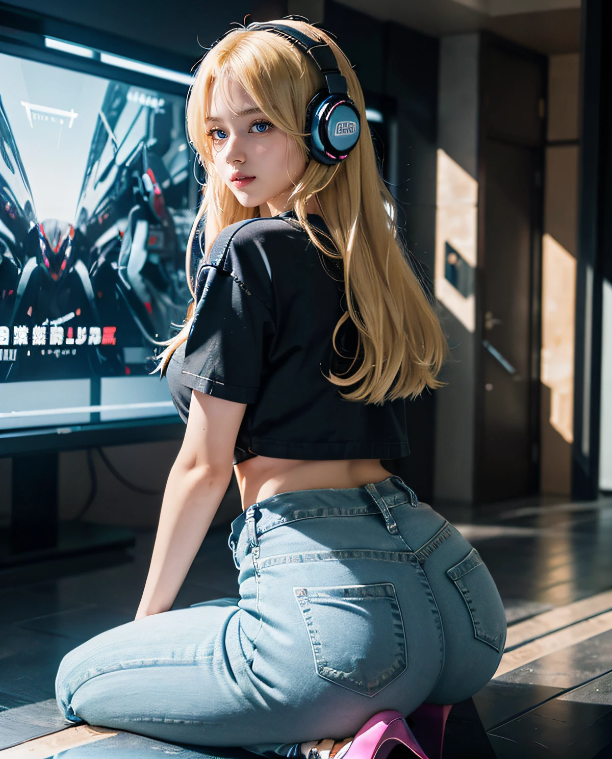 1girl, (Blue Eyes), cute smile, (Sana Minatozaki), wide hips, Big Boobs, big ass, (Best Quality, 8k, Masterpiece: 1.3)) ), Clear Focus: 1.2, Perfect Body Beauty: 1.4 , Slender Abs: 1.2, Wet Body: 1.5 , Highly detailed face and skin texture, detailed eyes, double eyelids, (long blonde hair), (gamer girl), (gamer headphones), black t-shirt, (jean pants), (high heels), akihabara neighborhood, look back, gashapons