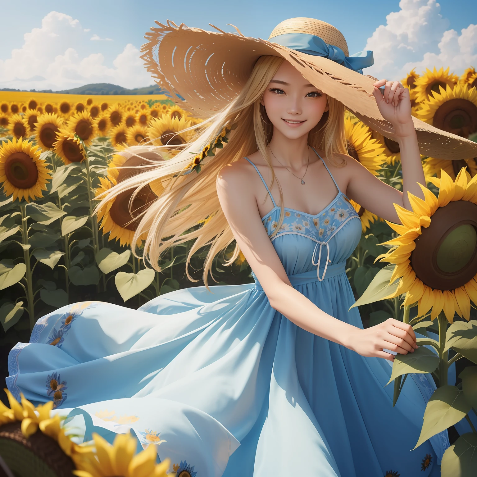(masterpiece)8K分辨率、top-quality、Woman with a bouquet of sunflowers、Light blue dress fluttering in the wind、Beautiful woman smiles gently、Nice Buddy、Blonde longhair、Straw hat on the decoration of the head、Blue sky, Sunflowers and colorful flowers on the background、