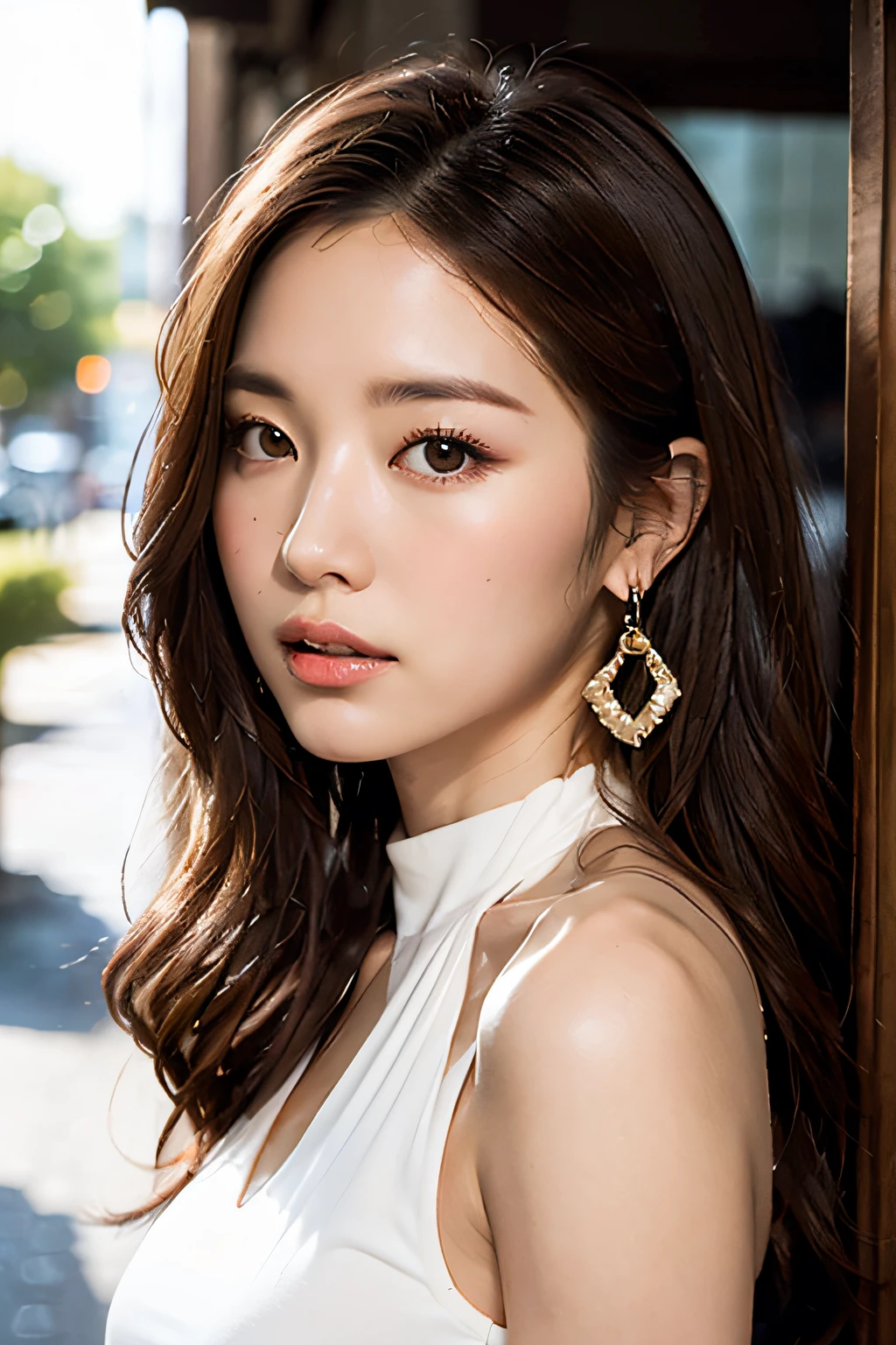 (sleeveless Halter neck offwhite shirt:1.3), (backless, strapless:1.2), (Innocent and Cute girl:1.2), (Layered Hairstyle, Dark-brown hair, wavy hair), medium long hair, (A face with waiting for kissed:1.2), 
BREAK, 
(focus on face), ((Upper body shot, close up shot: 1.2)), (large breasts:1.3), (Standing with gently lifted up her chin:1.3), (looking sideway at viewer:1.2), (from side:1), (in the outdoor stylish cafe:1.2), 
BREAK, 
(Masterpiece: 1.3), high resolution, Ultra HDTV, Cinema light, Ultra HDTV, (Detailed eyes and skin), (Detailed facial features), HDR, 8k resolution, Sharp Focus: 1.2, Perfect style, beautiful face, highly detailed face and skin texture, detailed eyes, double eyelids, thin eyebrows, glitter eyeliner: 1.2, pale cheeks, glossy skin, fair skin: 1.2, shiny little neckless and earrings, glossy lips: 1.2,