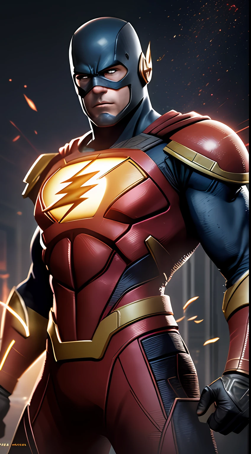 O Flash (Injustice 2), melhor qualidade, alta resolução, alto, musculoso, hunk, placas brancas e (terno neon vermelho escarlate), grandes olhos vermelhos brilhantes, Standing powerfully pose, red lightning trail, rosto detalhado, terno detalhado, ultra detalhado, obra-prima, tunnle de luz no fundo, 8k, foto crua, volumeric lighting, low camera angle