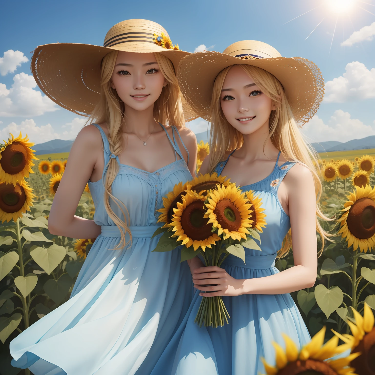 （​masterpiece）8K分辨率、top-quality、Woman with a bouquet of sunflowers、Light blue dress fluttering in the wind、Beautiful woman smiles gently、Nice Buddy、Blonde longhair、Straw hat on the decoration of the head、Blue sky, Sunflowers and colorful flowers on the background、