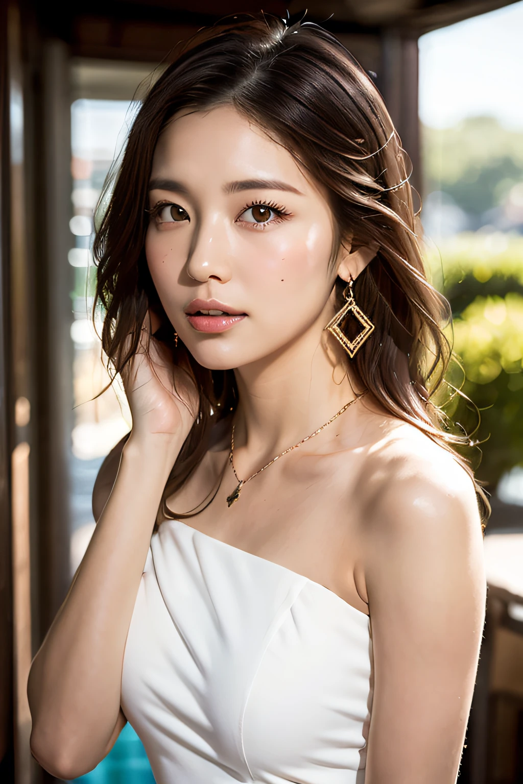 (sleeveless Halter neck offwhite shirt:1.3), (backless, strapless:1.2), (Innocent and Cute girl:1.2), (Layered Hairstyle, Dark-brown hair, wavy hair), medium long hair, (A face with waiting for kissed:1.2),
BREAK,
(focus on face), ((Upper body shot, close up shot: 1.2)), (large breasts:1.3), (Standing with gently lifted up her chin:1.3), (looking sideway at viewer:1.2), (from side:1), (in the outdoor stylish cafe:1.2),
BREAK,
(Masterpiece: 1.3), high resolution, Ultra HDTV, Cinema light, Ultra HDTV, (Detailed eyes and skin), (Detailed facial features), HDR, 8k resolution, Sharp Focus: 1.2, Perfect style, beautiful face, highly detailed face and skin texture, detailed eyes, double eyelids, thin eyebrows, glitter eyeliner: 1.2, pale cheeks, glossy skin, fair skin: 1.2, shiny little neckless and earrings, glossy lips: 1.2,