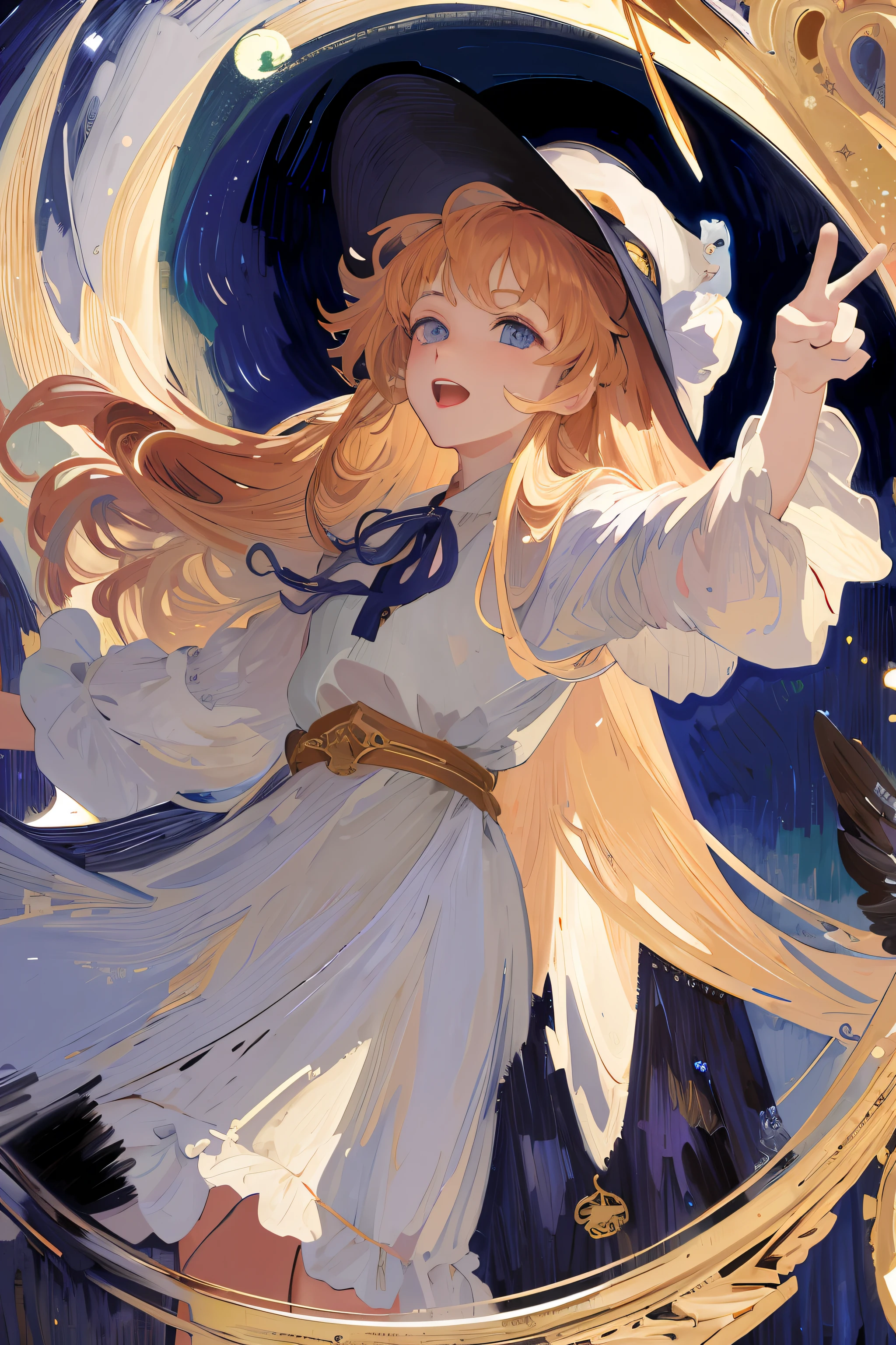 ((masterpiece:1.2, best quality)), 1girl, solo, (witch hat), blonde hair, long hair, dress, aurora, night, star (sky), gloves, sky, white dress, night sky, open mouth, starry sky, blue eyes, ribbon, very long hair, red dress, smile, hair ribbon, cape, blue hair, (bird), magic, casting spell, dark clouds, night, (impressionism:1.4), (tarot:1.3), alphonse mucha,