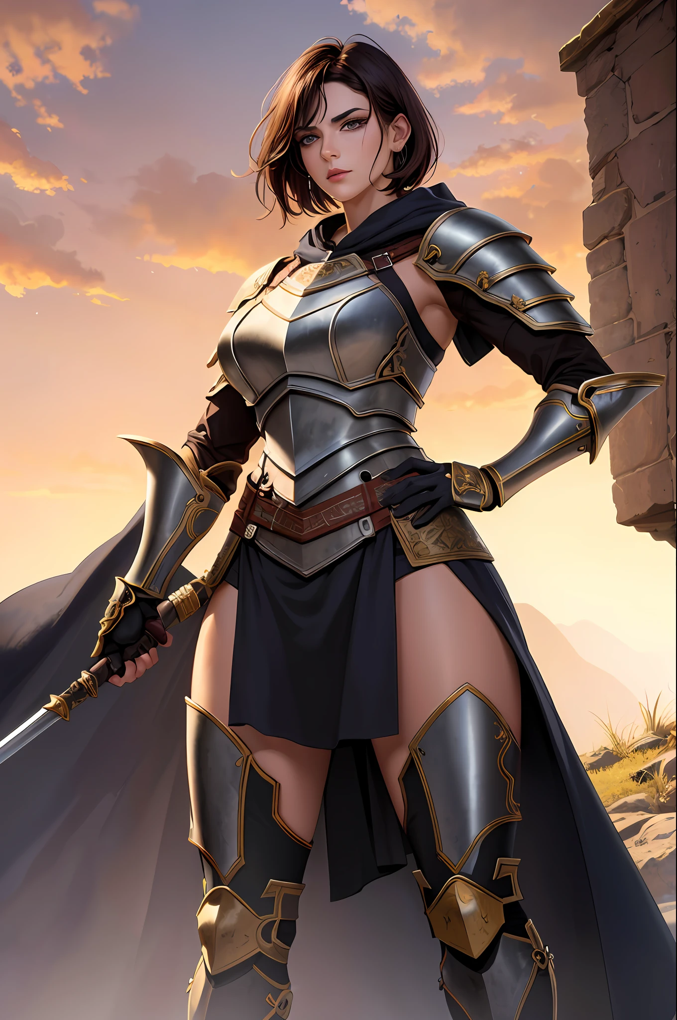 (masterpiece:1.2), (best quality:1.2), perfect eyes, perfect face, volumetric lighting, 1girl, tall mature female warrior, muscular, short hair, heavy armor, huge pauldrons, gauntlets, cloak, belt, spear, skirt, stern expression, makeup, lipstick, eyeshadow, mascara, thick eyelashes, dark fantasy, outdoor, detailed background, hand on hip