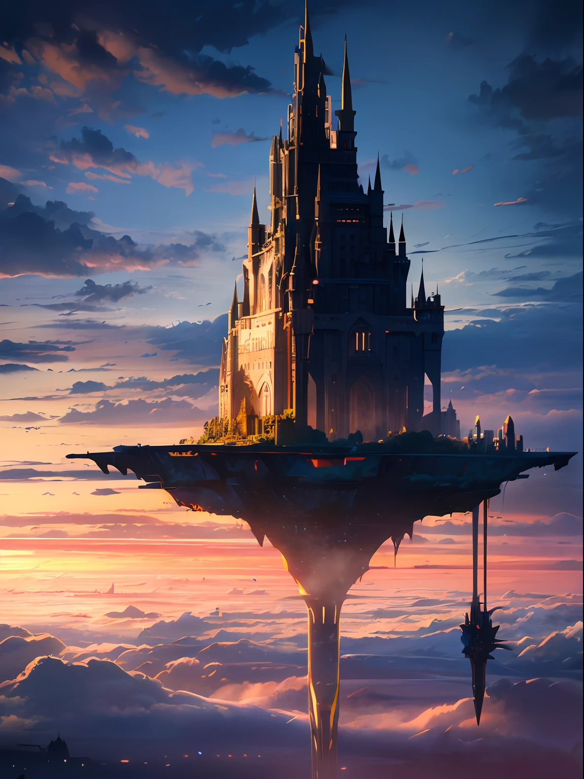 "there's an island floating in the sky among the cloud with cyberpunk style castle on it, the castle is full of gear and machinery parts" castle in the sky, floating castle, cloud, (cinematic, 8K, masterpiece, glorious background, dynamic lighting, extremely ultra high detail, mesmerizing landscape views)