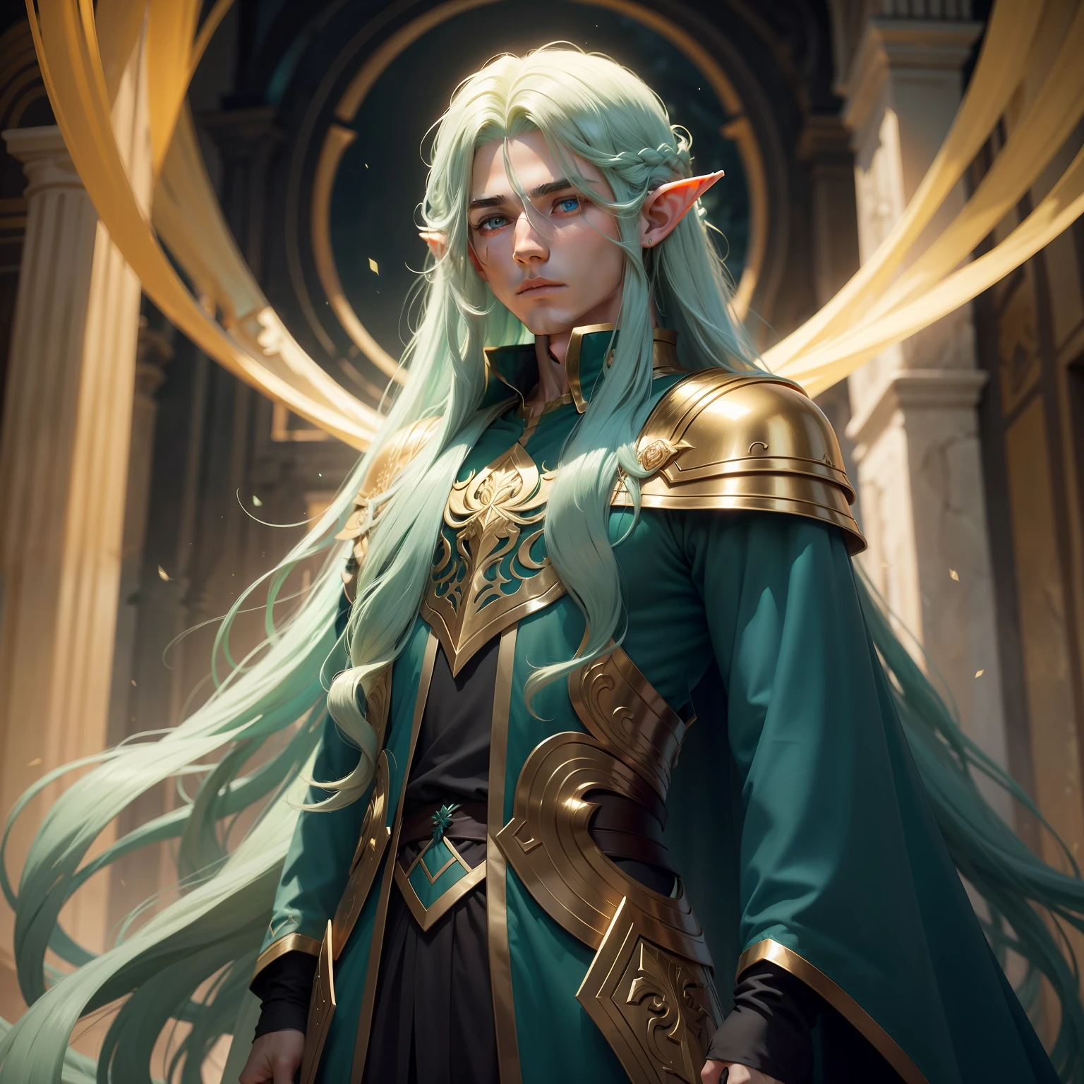 Magestoso elf with long golden hair that cascades down to his shoulders. His eyes are a deep shade of emerald, and your skin is clear and luminous.um manto azul-celeste com bordados prateados,