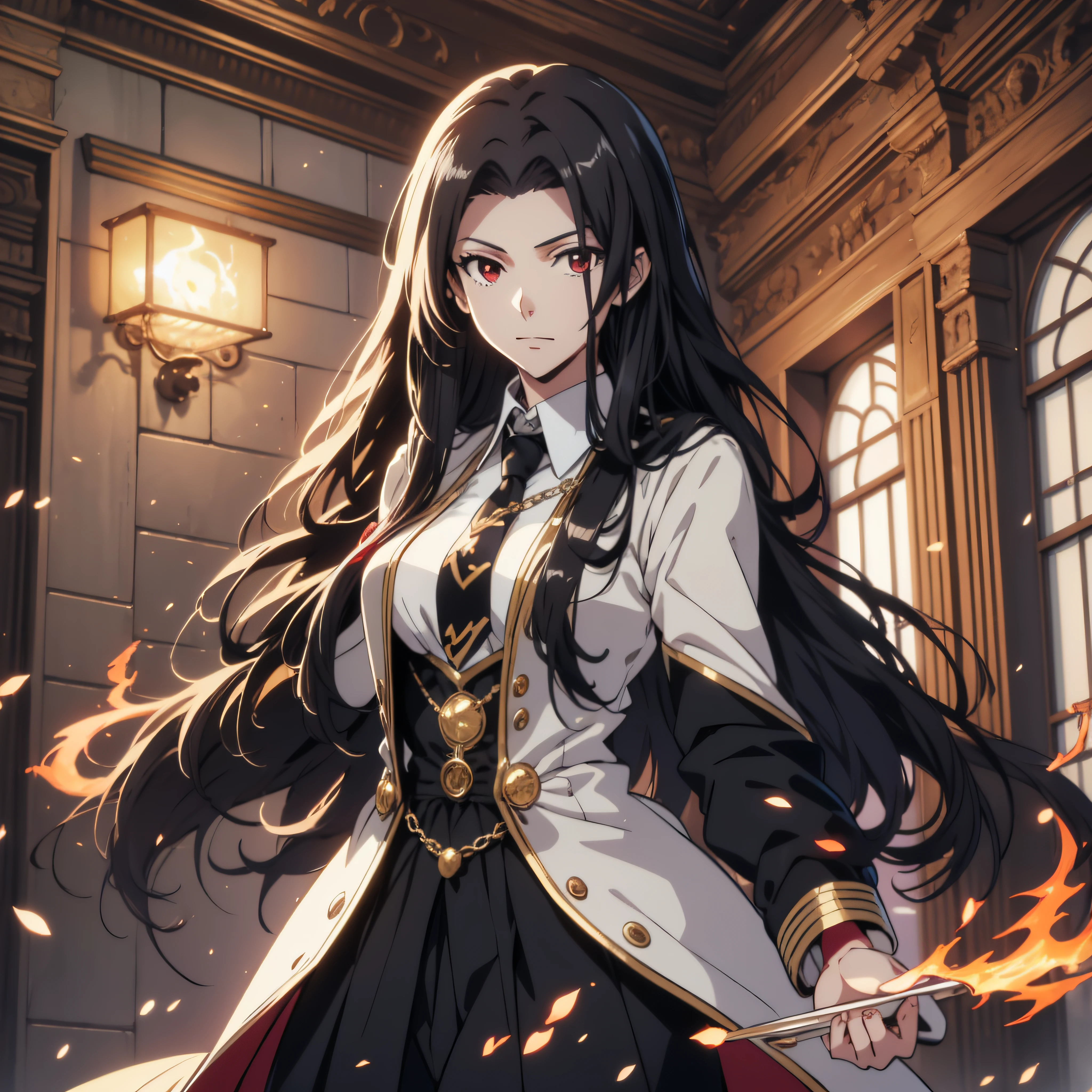 (ultra-detailed, perfect pixel, highrest, best quality), 20 years old Anime girl, smooth anime artstyle, long raven hair, slightly wavy hair, parted bangs, black hair, gradient hair color, Magus, ((red eyes)), detailed eyes, beautiful eyes, long black coat, white shirt, ((neckwear, long tie)), black skirt, aristocrat, noble attire, beautiful, ethereal, elegant, prestigious, indoor, royal, kingdom, particle effect, smooth smoke effect, fire flame, lightning, magic light, standing, looking at viewer