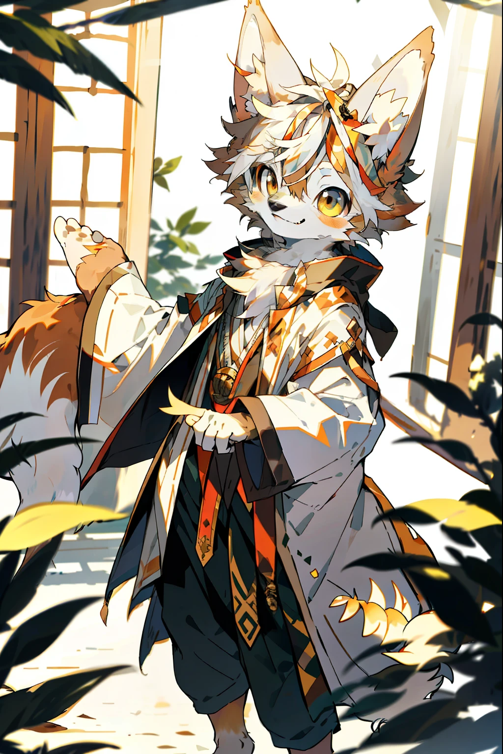 depth of fields，lighting perfect，light particules，（best qualtiy），（tmasterpiece），（ultra - detailed），Sharp focus，light particules，niji，Eyes，gold_Eyes，Looking_at_peeping at the viewer，Smile，Solo，Furry，Animal_Ear_vellus hair，Open_clothes，in a sunbeam，outside，Look ahead，White hair，Brown skin，Barefoot，Huskies，Dogs