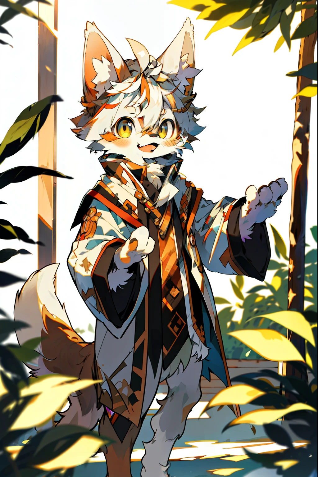 depth of fields,lighting perfect,light particules,(best qualtiy),(tmasterpiece),(ultra - detailed),Sharp focus,light particules,niji,Eyes,gold_Eyes,Looking_at_peeping at the viewer,Smile,Solo,Furry,Animal_Ear_vellus hair,Open_clothes,in a sunbeam,outside,Look ahead,White hair,Brown skin,Barefoot,Huskies,Dogs