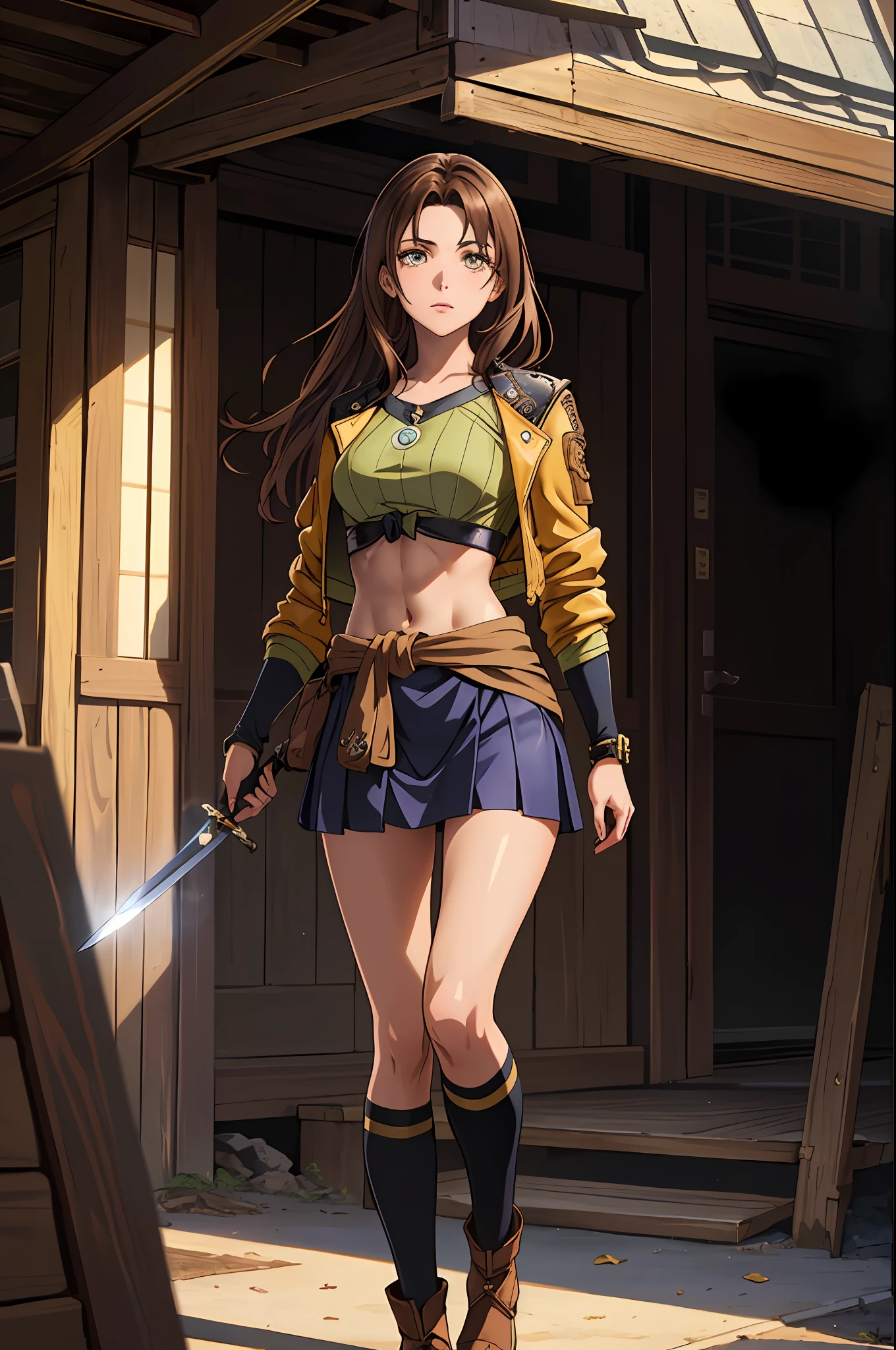 a woman with long brown hair, her delicate face revealing a determined expression, dressed in a crop top that exposes her waist, adorned with a yellow leather jacket, two ribbons are tied around her right hand, wears a short skirt with a small pouch tied around her waist, a dagger strapped to her leg, her slender body conceals well-defined muscles, in front of her lies a large sword, depicting a fantasy-style bounty hunter with a Japanese anime design, character design is intricate details, showcasing a mature Japanese manga artistic style, ((character concept art)), full body character drawing, high definition, best quality, ultra-detailed, extremely delicate, anatomically correct, symmetrical face, extremely detailed eyes and face, high quality eyes, creativity, RAW photo, UHD, 8k, (Natural light, professional lighting:1.2, cinematic lighting:1.5), (masterpiece:1.5)