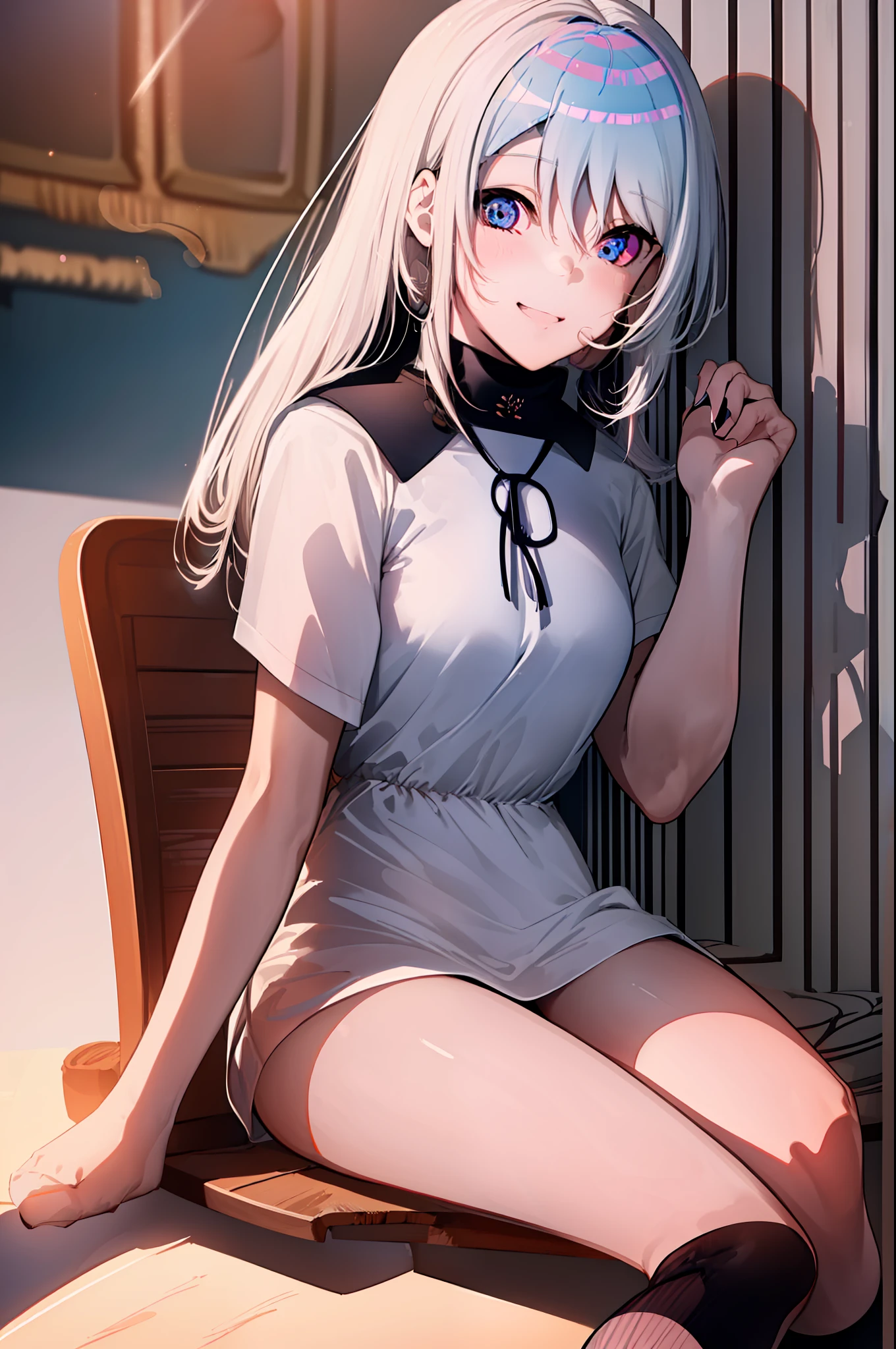 (((((obra-prima))))), (((((melhor qualidade))))), High, ((((1Kei)))), ((((((Ultra-detailed blue hands and eyes)))))), ((((1girl)))), ((Formoso)), ((((((((((black women's long socks)))))))))), ((((((((((She's sitting on a wooden chair inside a room)))))))))), ((((((((((Sorriso feminino e cativante)))))))))), (((((Charismatic))))), (((cabelo longo))), ((((sozinha)))), ((((((Uma garota com cabelo grisalho longo e olhos azuis)))))), (((fita))), (((franja))), (((鎖骨))), ((((cabelo grisalho)))), (((faixa de cabelo preta))), (((neck ribbon))), (((cabelo entre os olhos))), ((((middlebreasts)))), ((((There is only one person)))), ((((adolescente de 15 anos)))), ((((((uniforme escolar feminino camisa branca jaqueta preta jaqueta aberta saia preta longa e meias pretas longas)))))), ((((((corpo completo anatomicamente correto)))))), ((((((((((pernas femininas normais cruzadas com meias femininas pretas longas)))))))))), ((usa sapatos pretos)), ((Detailed full scenario)), ((mystery)), ((Tempo tenso)), Postura equilibrada, blush sutil | | | | | | | |, Pingente de cristal BREAK golden hour, (Rim lighting): 1.2, tons quentes, Brilho solar, sombras suaves, cores vibrantes, painterly effect, dreamy atmosphere BREAK scenic lake, salgueiro, reflection, nuvens iluminadas pelo sol, Tranquil setting, idyllic sunset, Ultra Detalhado, Arte Oficial, Unity 8k papel de parede, Zentangle, mandala, ((((((((((Escreve na borda superior izquerda: Focus of life))))))))))