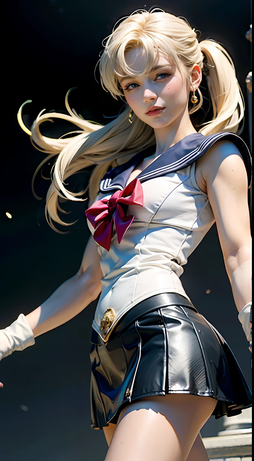 (Extreme detail CG Unity 8K wallpaper, masterpiece, highest quality), (exquisite lighting and shadow, highly dramatic picture, cinematic lens effect), (Sailor Moon: 1.1), charming smile, double tail, blue eyes, blond hair, tight top, white gloves, mini skirt, dynamic pose), the background is the universe (excellent detail, excellent lighting, wide angle), (excellent rendering, enough to stand out in its class),