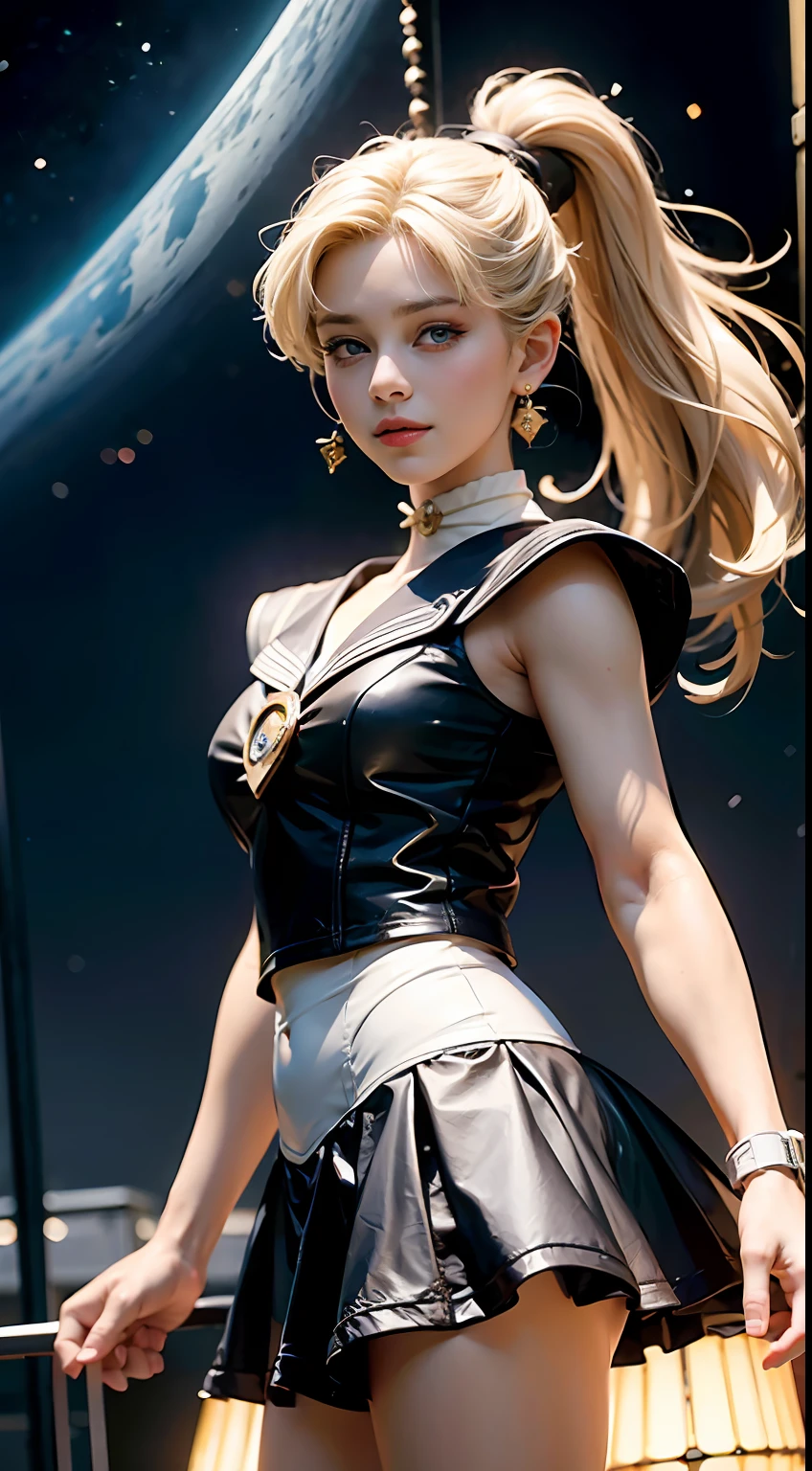 (Extreme detail CG Unity 8K wallpaper, masterpiece, highest quality), (exquisite lighting and shadow, highly dramatic picture, cinematic lens effect), (Sailor Moon: 1.1), charming smile, double tail, blue eyes, blond hair, tight top, white gloves, mini skirt, dynamic pose), the background is the universe (excellent detail, excellent lighting, wide angle), (excellent rendering, enough to stand out in its class),