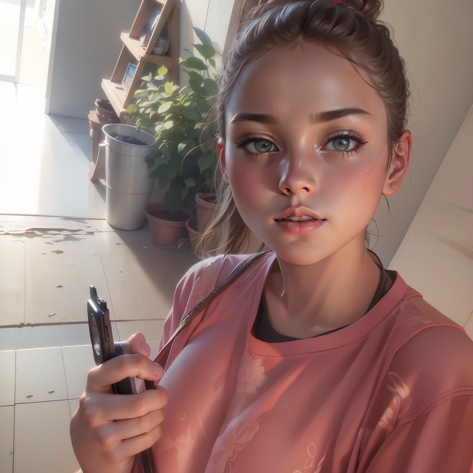 (RAW photo, 4k, masterpiece, high res, extremely intricate) (photorealistic:1.4), cinematic lighting
1girl, solo focus, summer noon, hot, 1990s \(style\),cowboy shot,indoors