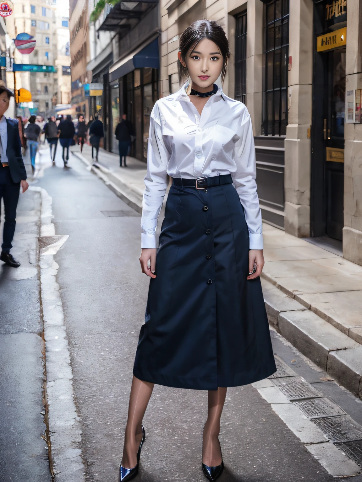 Beautiful Meticulous Girl, very detailed eyes and faces, Beautiful detailed eyes, ultra - detailed, A high resolution, The is very detailed,best qualtiy,3个女孩,tmasterpiece,Beautiful outfit,a skirt,illustratio,The is very detailed,unified,8k 壁纸,finely detailled,tmasterpiece,best qualtiy,Unity8k wallpapers,3个女孩,16 yaers old,(Camel toes),(full bodyesbian),are standing,The shirt,鎖骨,Stylish clothes,short skirt,blacksilk,Long legs,high-heels,the street,城市
